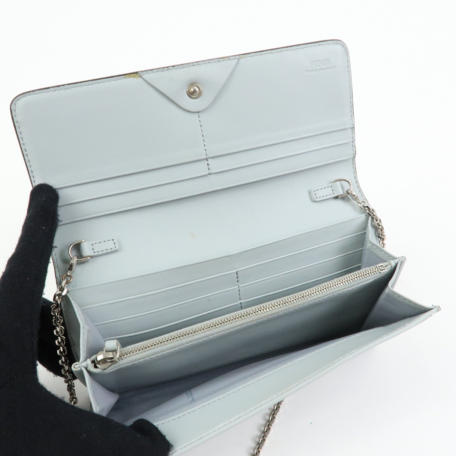 FENDI Leather Studs Chain Shoulder Wallet Long Wallet Gray 8M0365