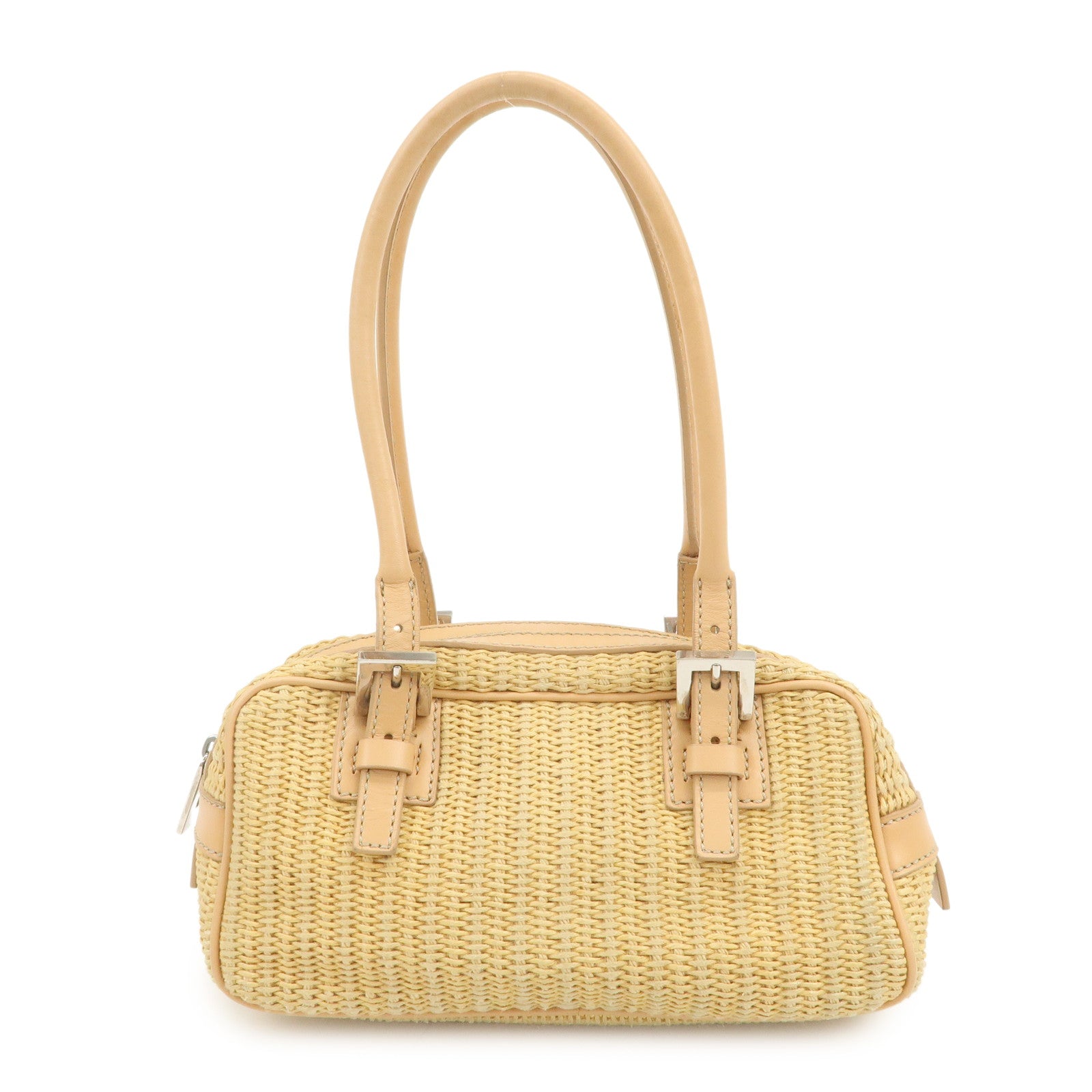 FENDI Raffia Leather Small Boston Hand Shoulder Bag Natural 8BN004