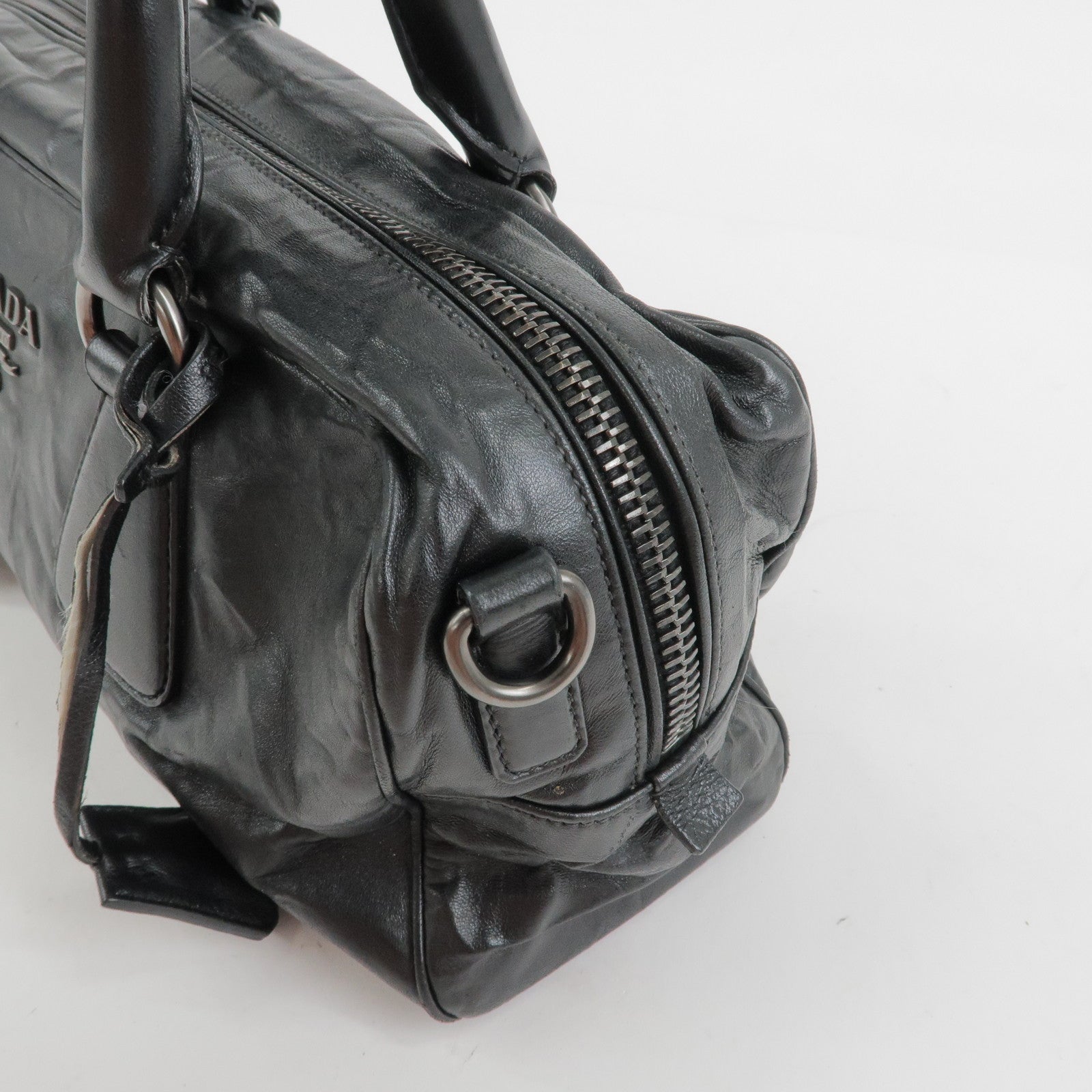 PRADA Leather Boston Bag Hand Bag Black BL0758