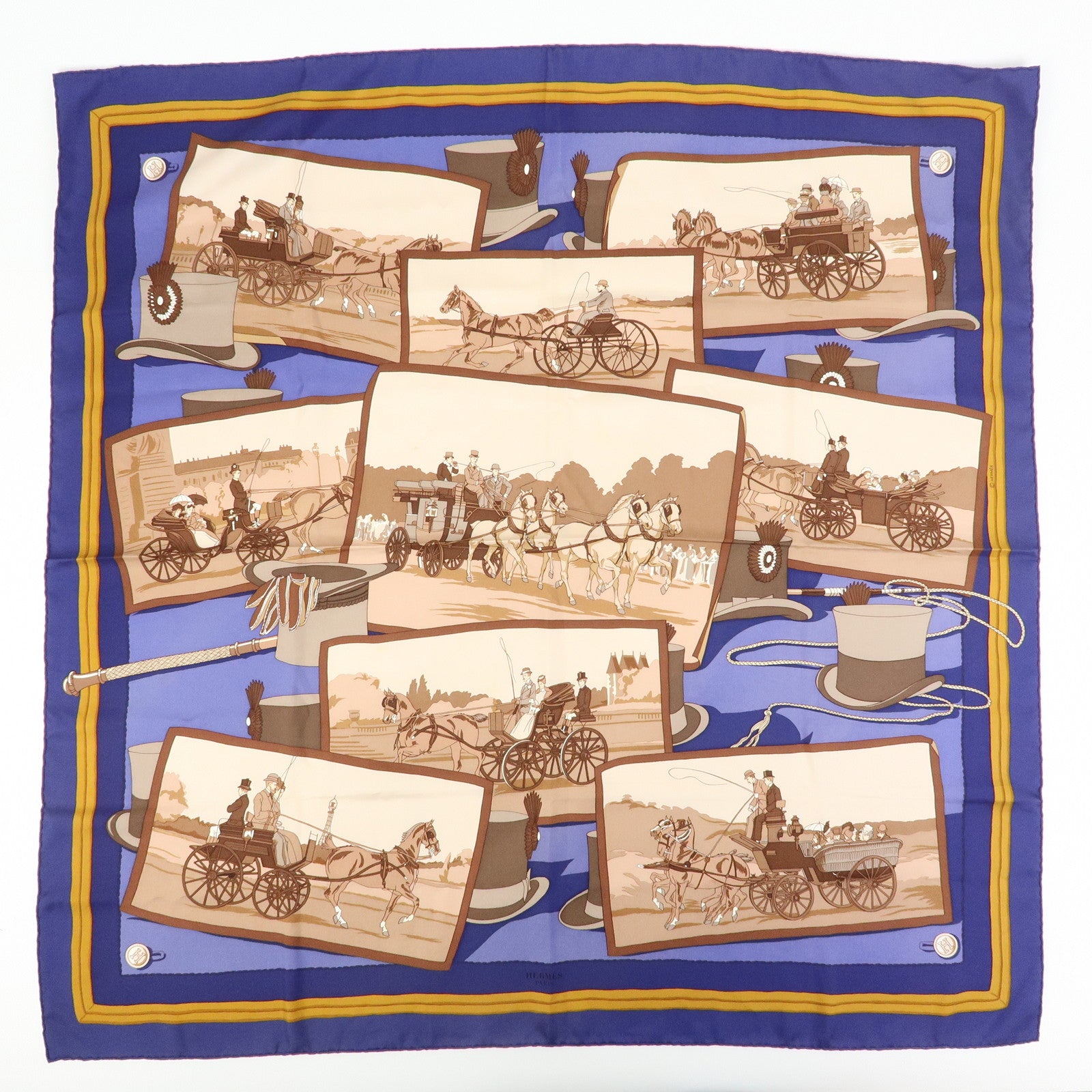HERMES Carre 90 Set of 2 Silk 100% Scarf Navy Beige Brown