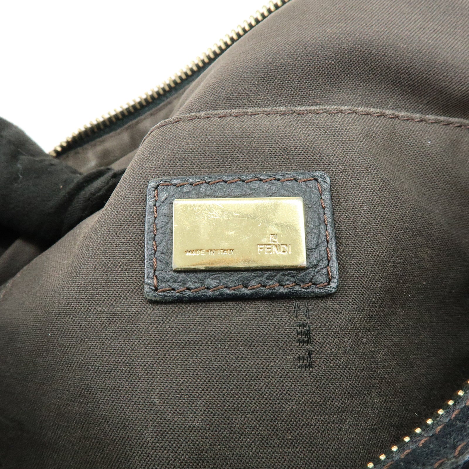 FENDI Zucchino Canvas Leather Shoulder Bag Dark Brown 8BT090