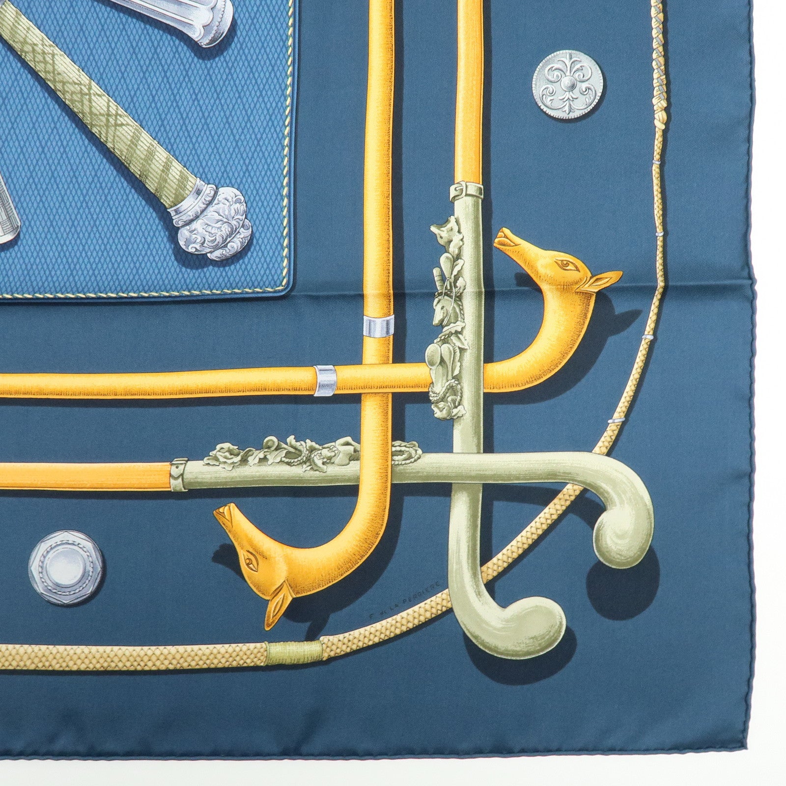 HERMES Carre 90 Silk 100% Scarf CANNES ET POMMEAUX Navy