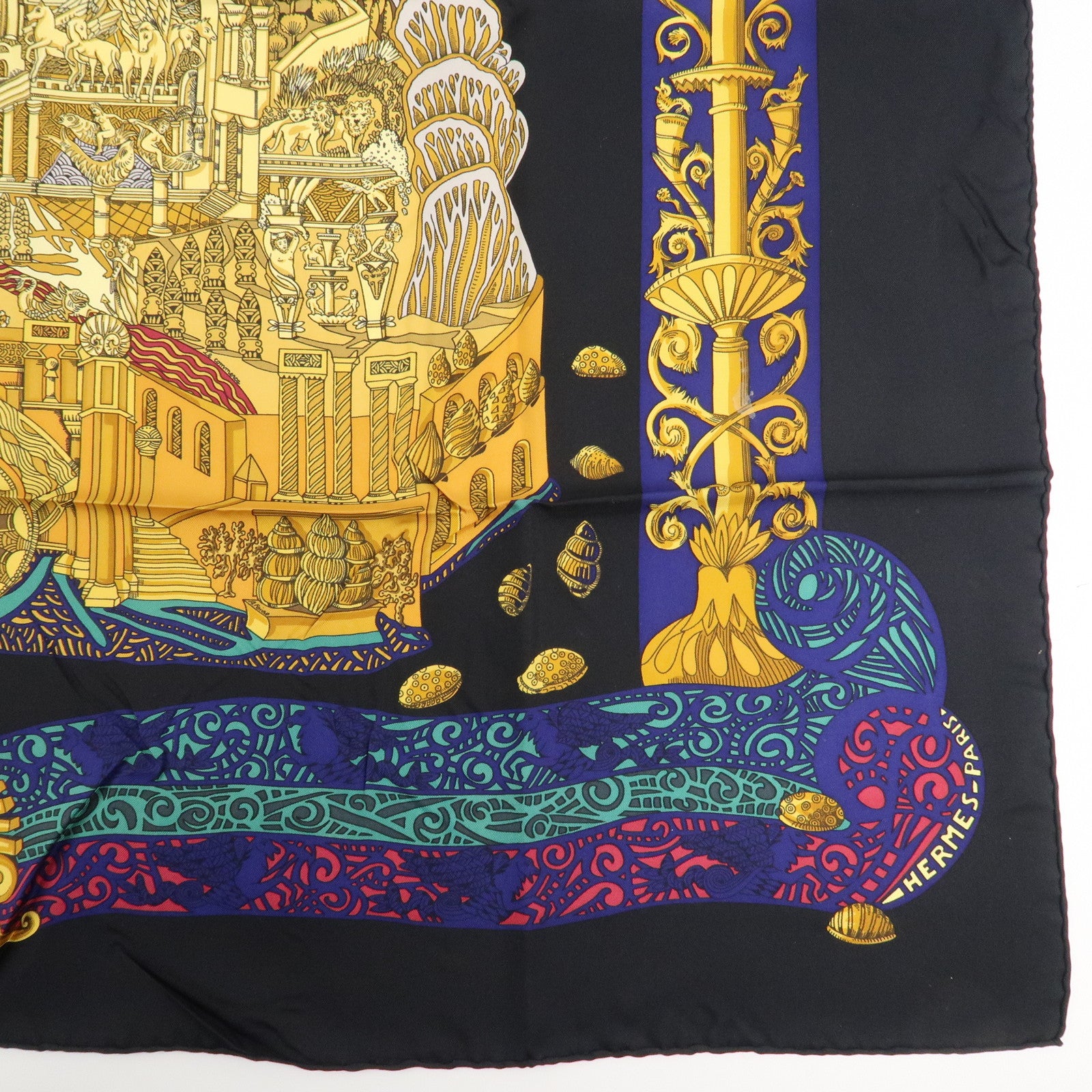 HERMES Carre 90 Silk 100% Scarf Black Yellow Used