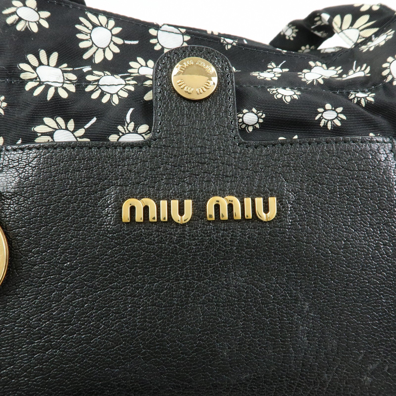 MIU MIU Nylon Leather Tote Bag Eco Bag Hand Bag Flower Print Black