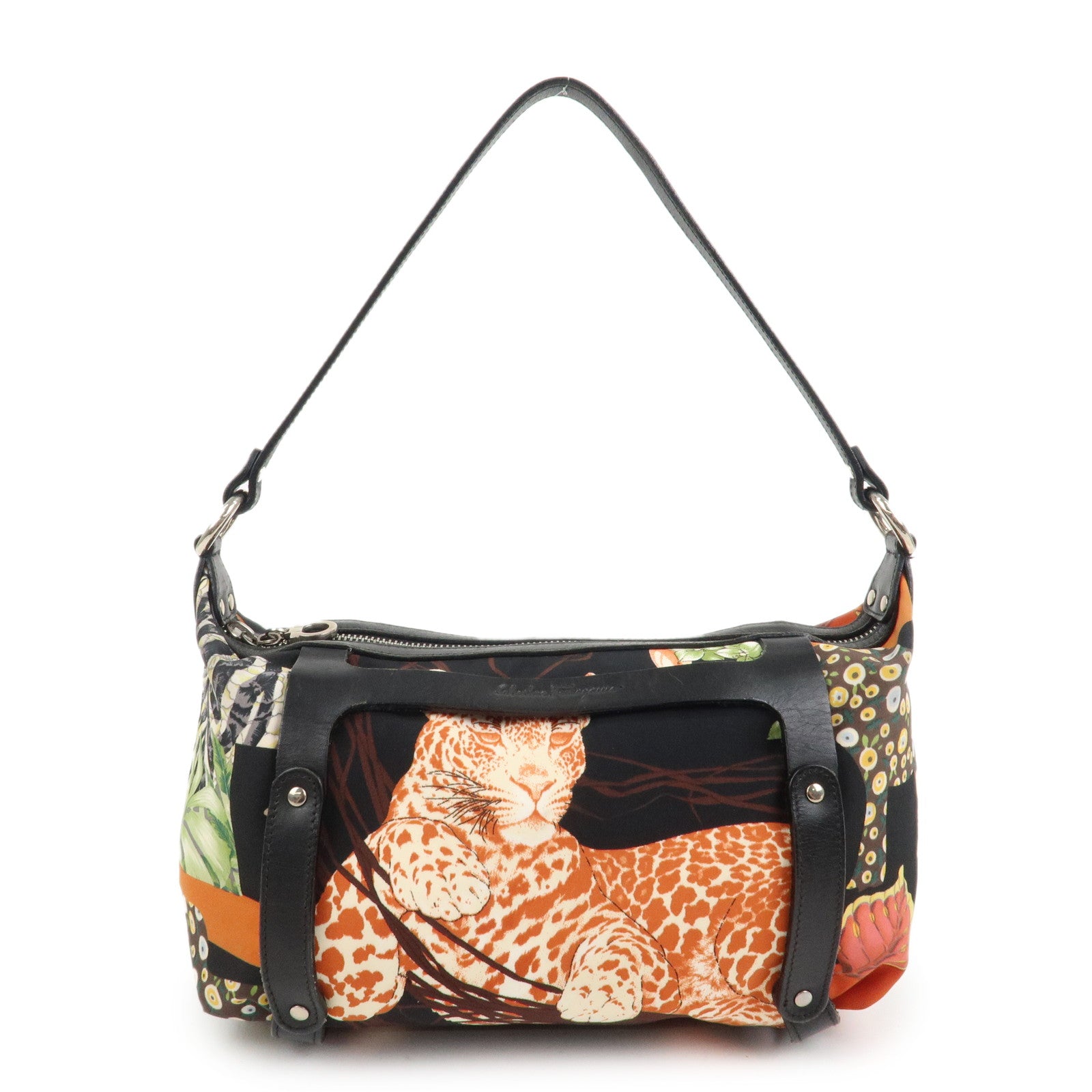 Ferragamo Nylon Leather Mini Hand Bag Shoulder Bag Animal Black