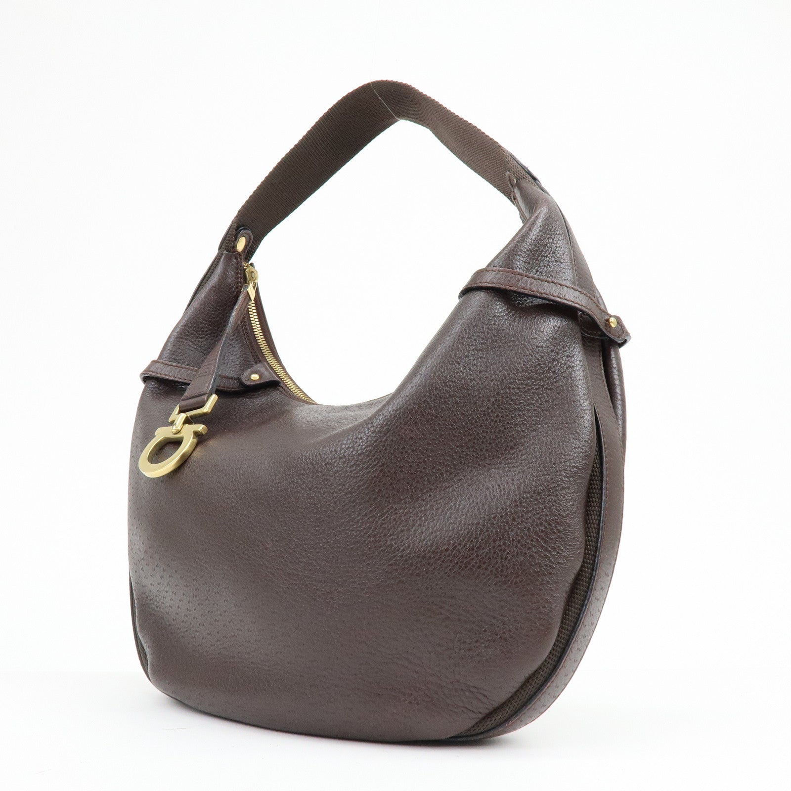 Ferragamo Gancini Leather Shoulder Bag Hand Bag Brown