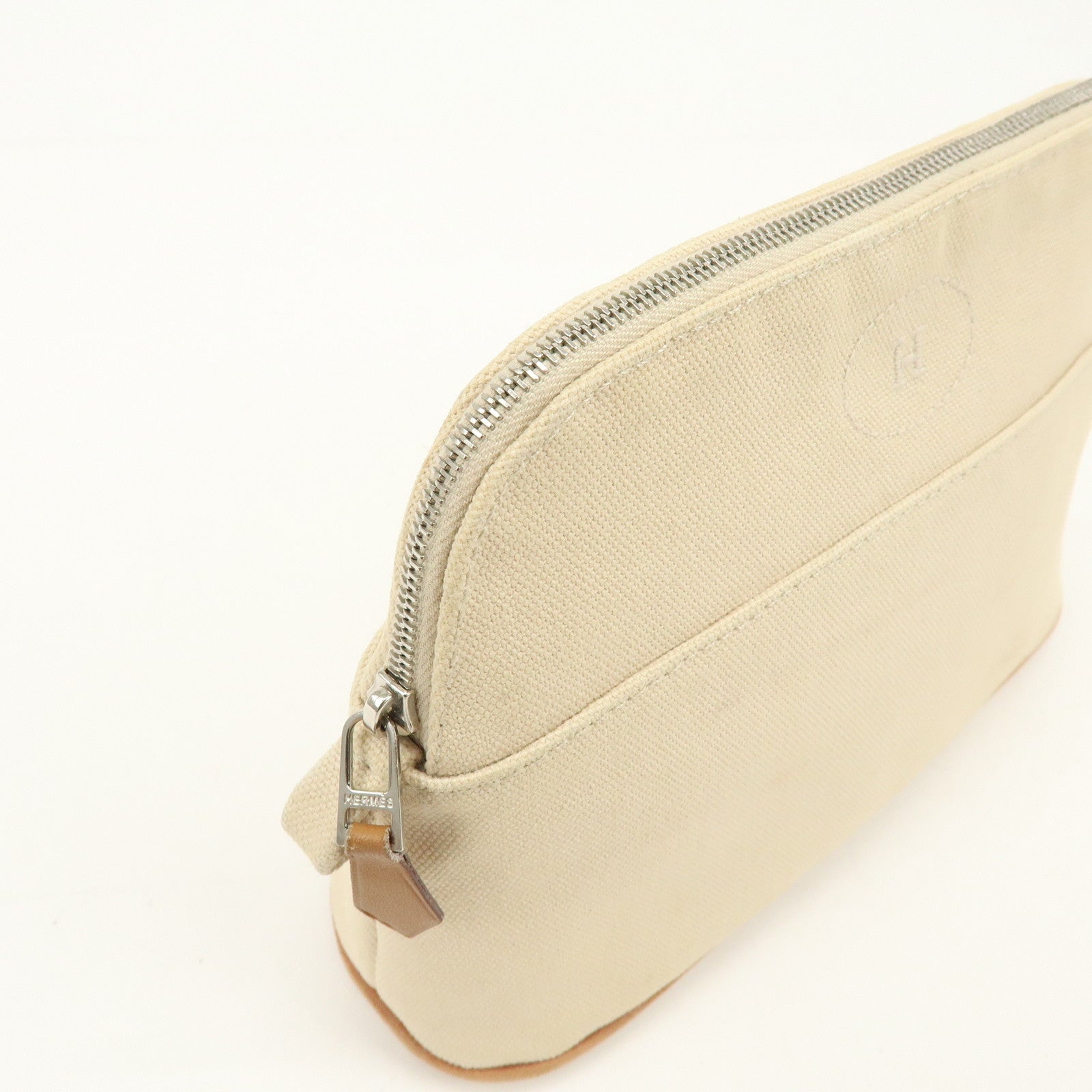 HERMES Bolide Mini Cotton Leather Pouch Cosmetic Case Ivory Beige