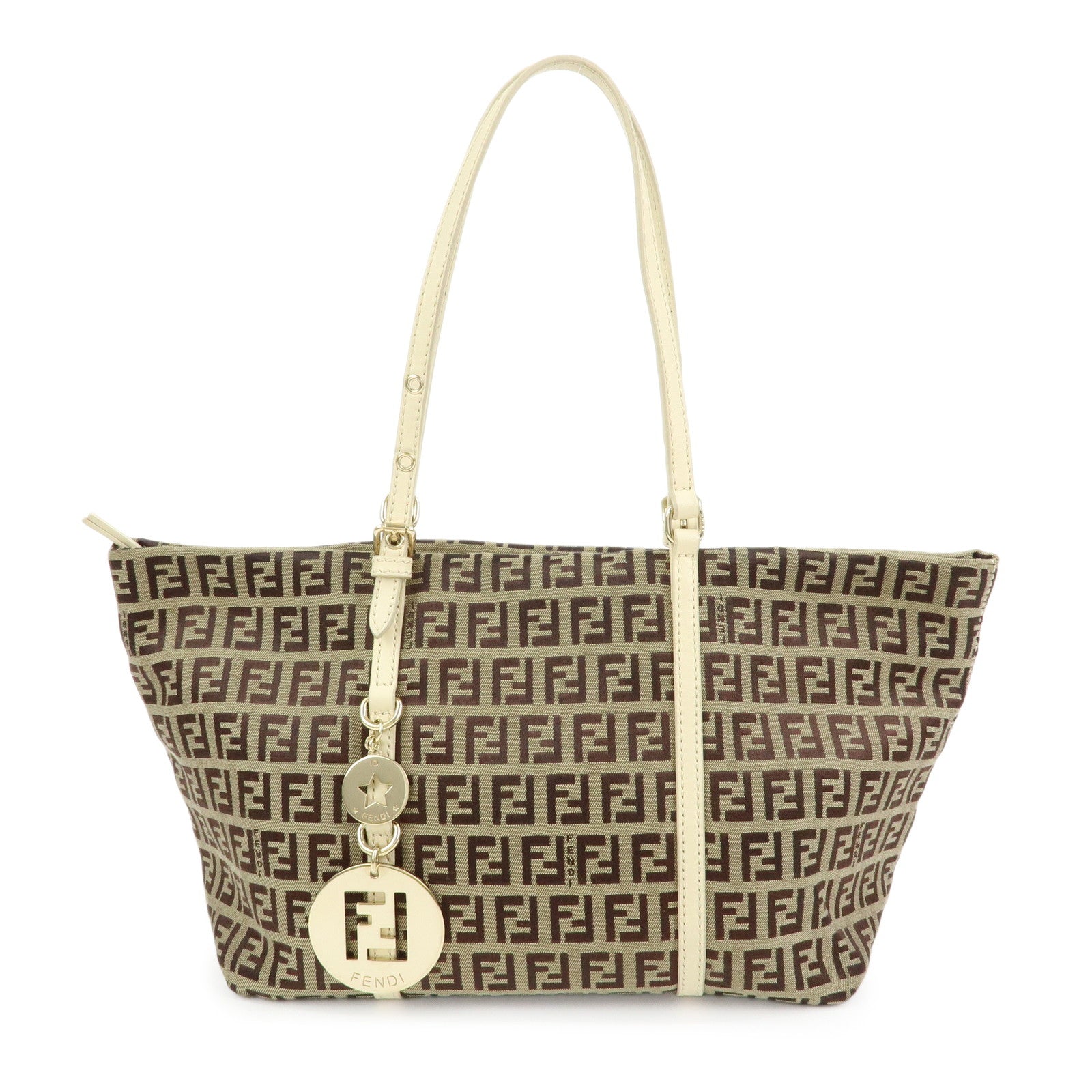FENDI Zucchino Canvas Leather Tote Bag Hand Bag Brown Ivory 8BH214