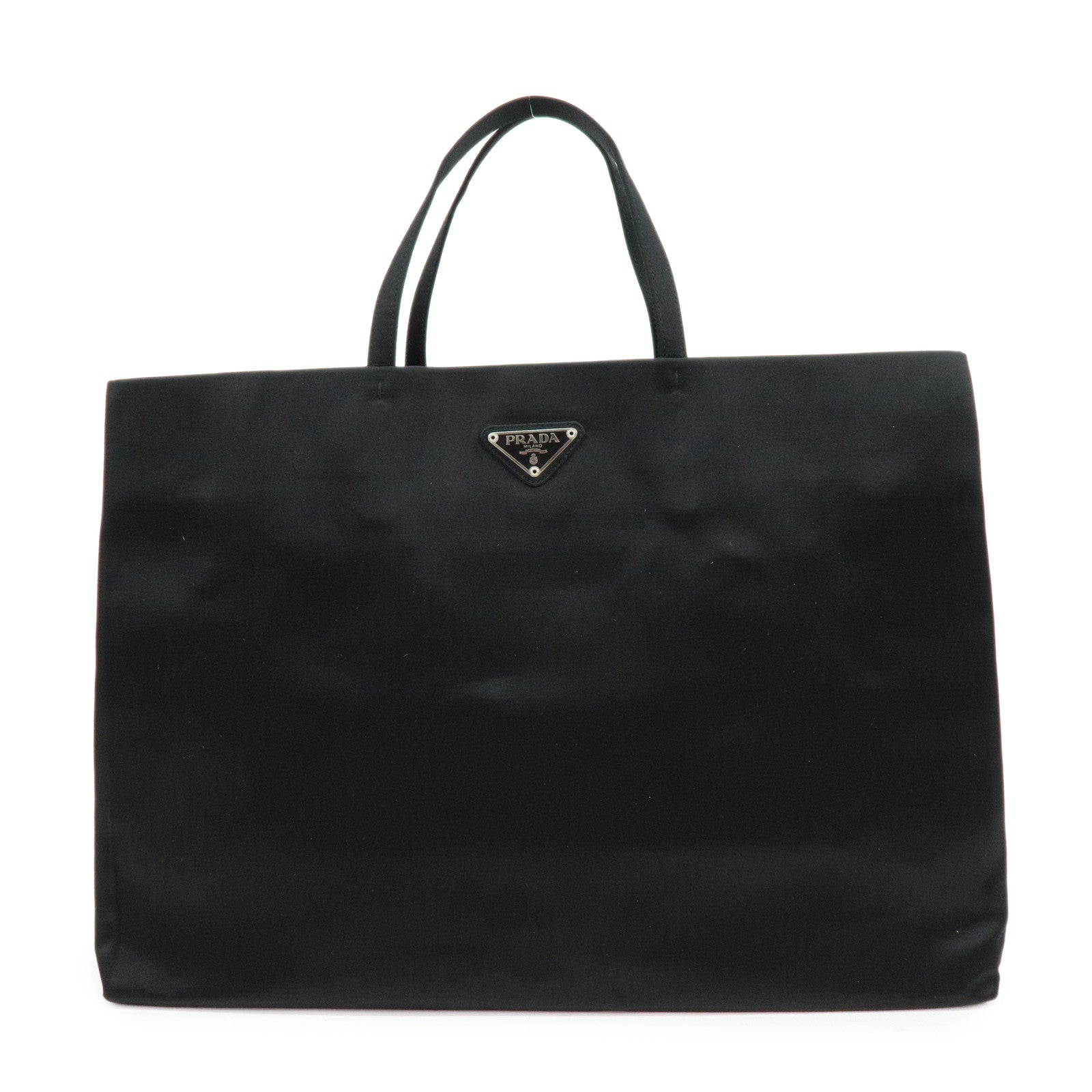 PRADA Triangle Logo Satin Tote Bag Hand Bag Black