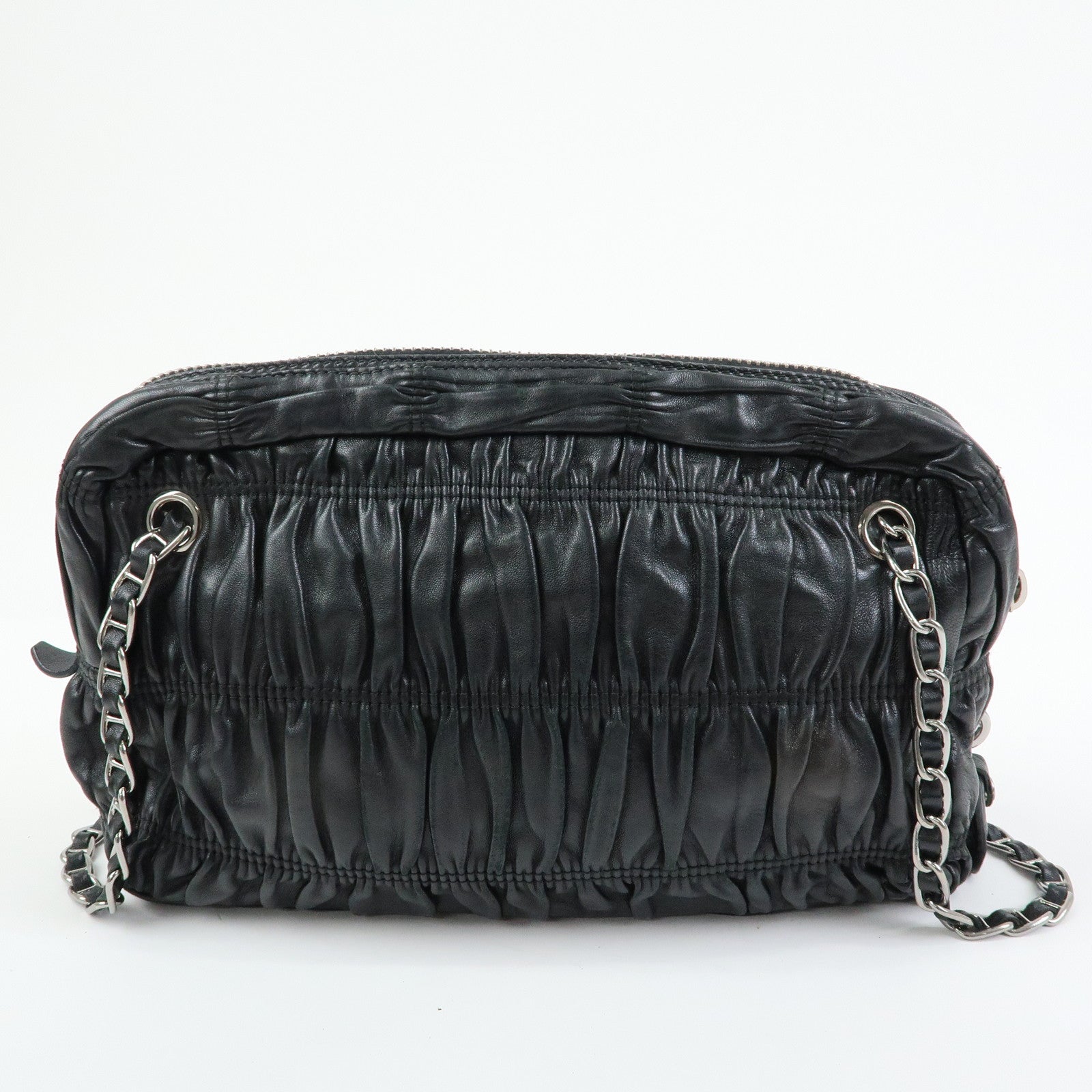 PRADA Logo Nappa Leather Gathered Chain Shoulder Bag Black