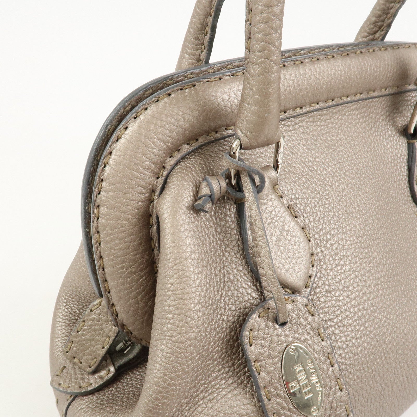 FENDI Selleria Logo Leather Boston Bag Hand Bag Greige 8BN127