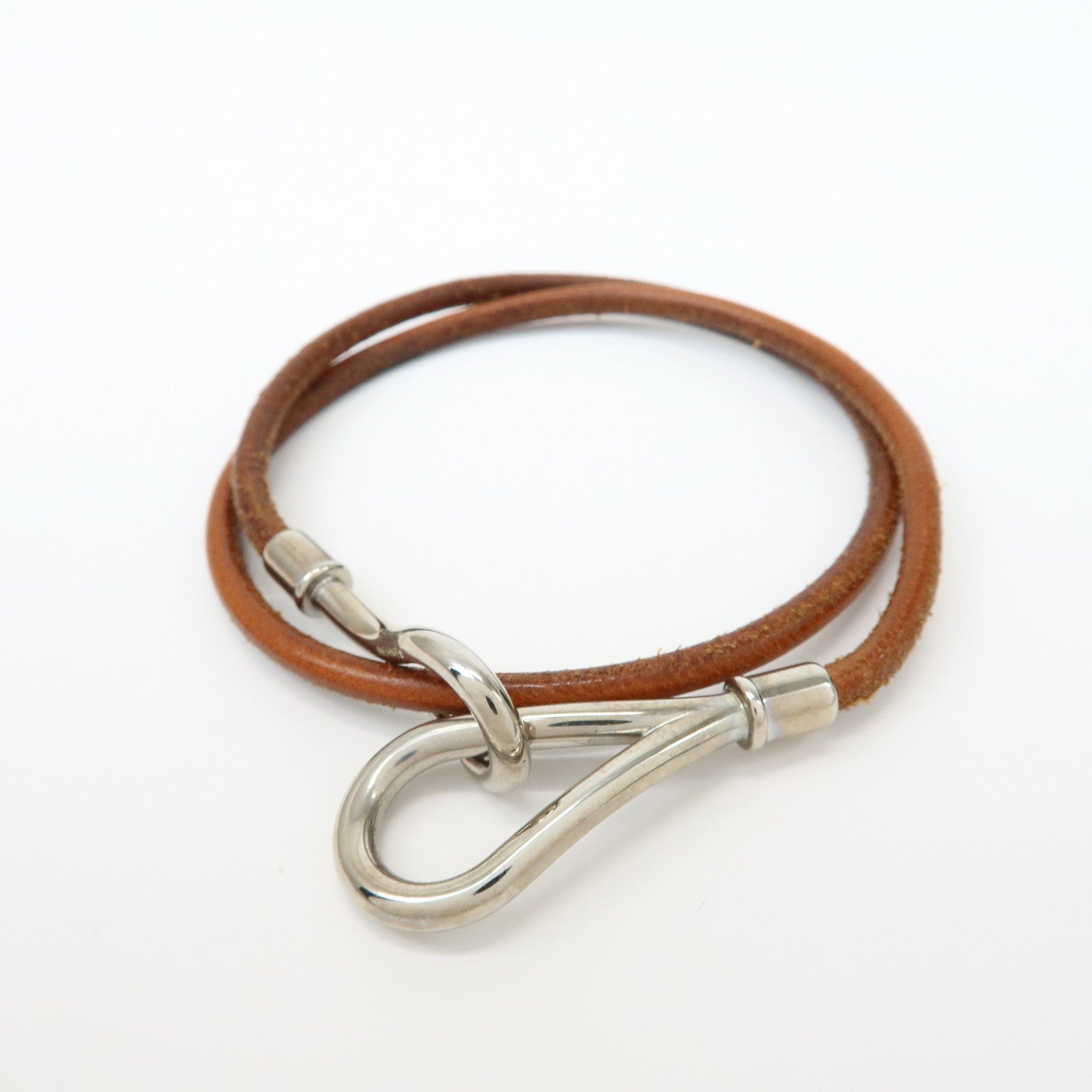 HERMES Set of 2 Jumbo Choker Leather Bracelet Brown Gold Silver