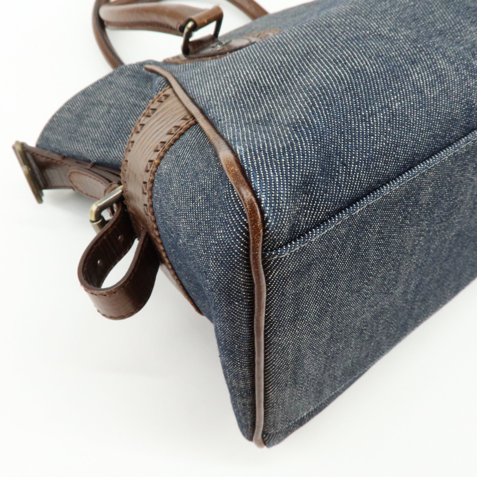 FENDI Etnico Zucca Denim Leather Shoulder Bag Blue Brown 8BN157