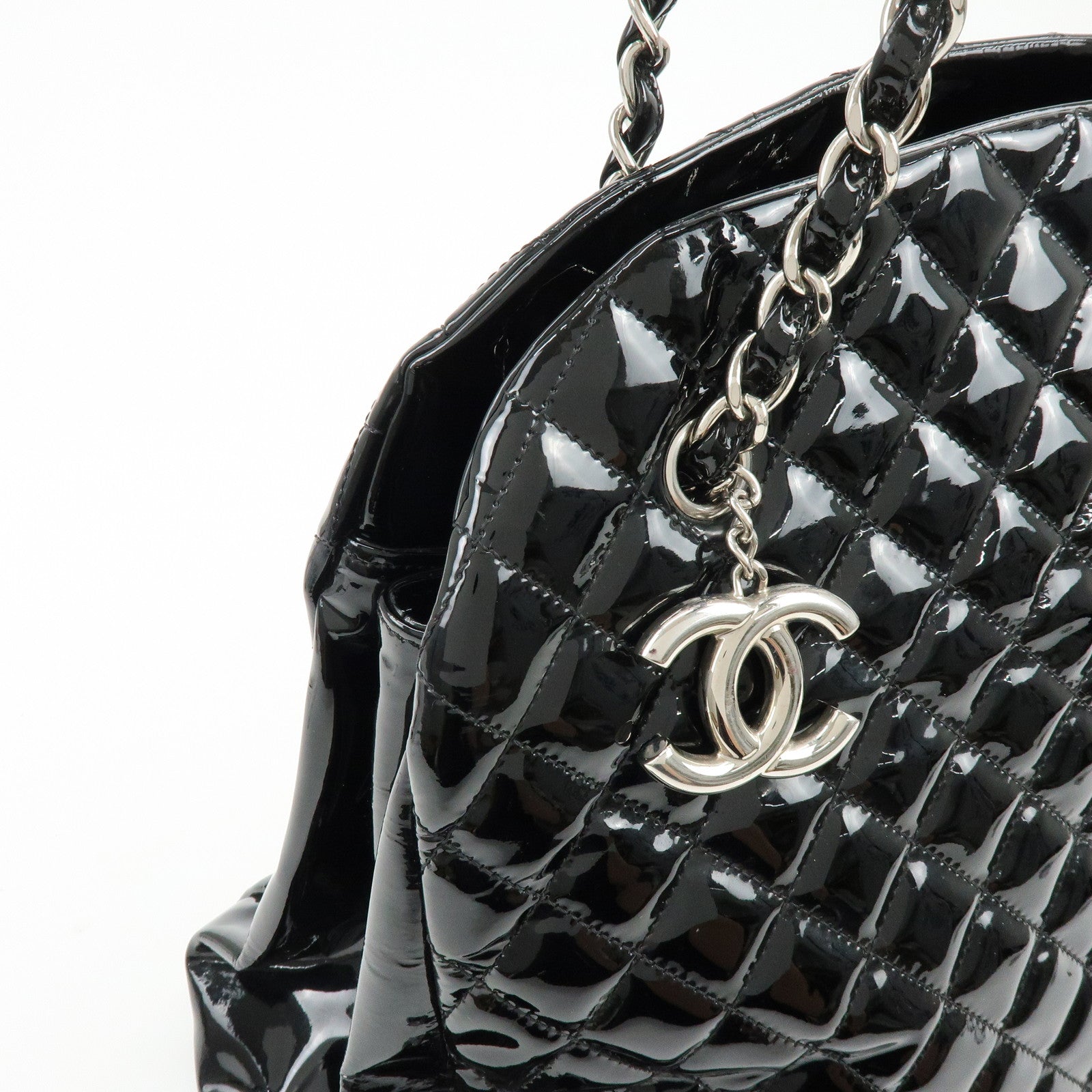 CHANEL Mademoiselle Patent Leather Shoulder Bag Bowling Bag Black