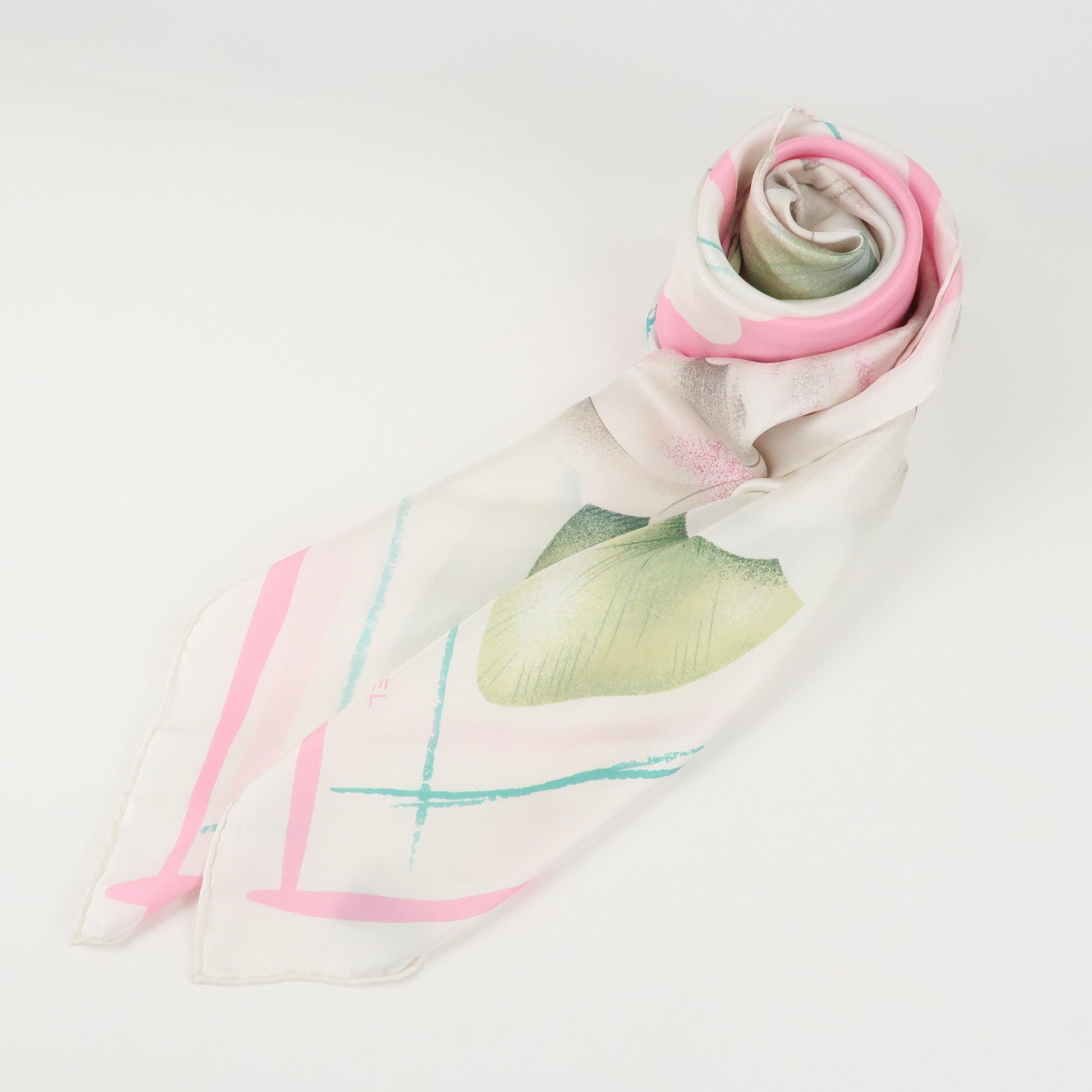 CHANEL COCO Mark Silk 100 % Scarf Pink White Used