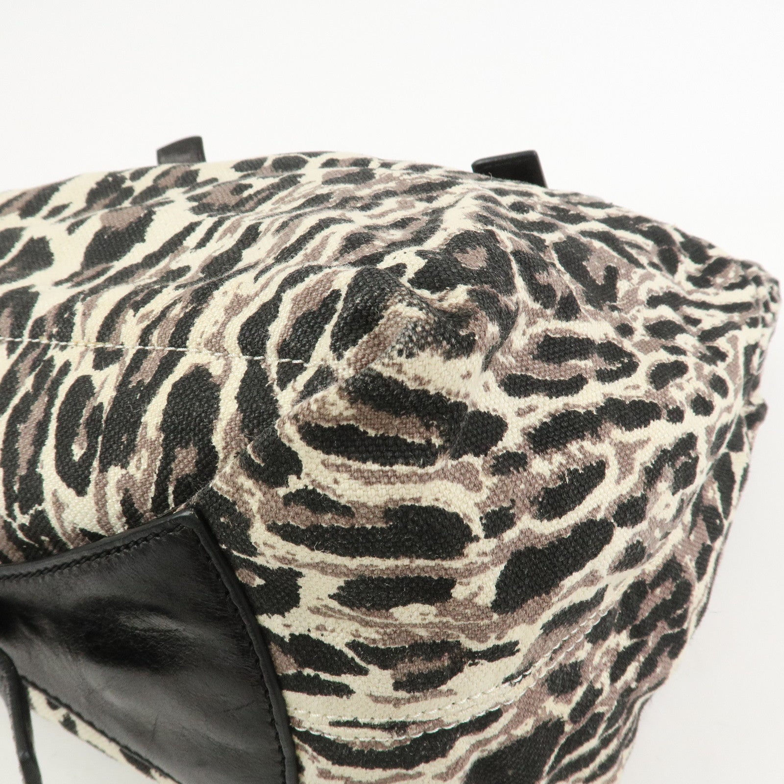 JIMMY CHOO Leopard Canvas Leather Tote Bag Shoulder Bag Ivory Black