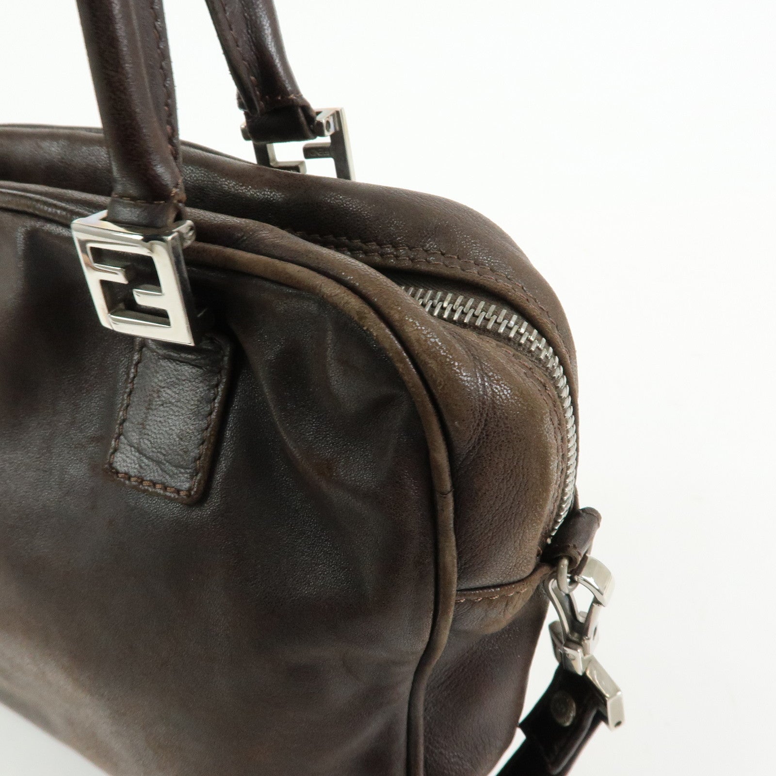 FENDI Leather 2Way Bag Hand Bag Shoulder Bag Brown