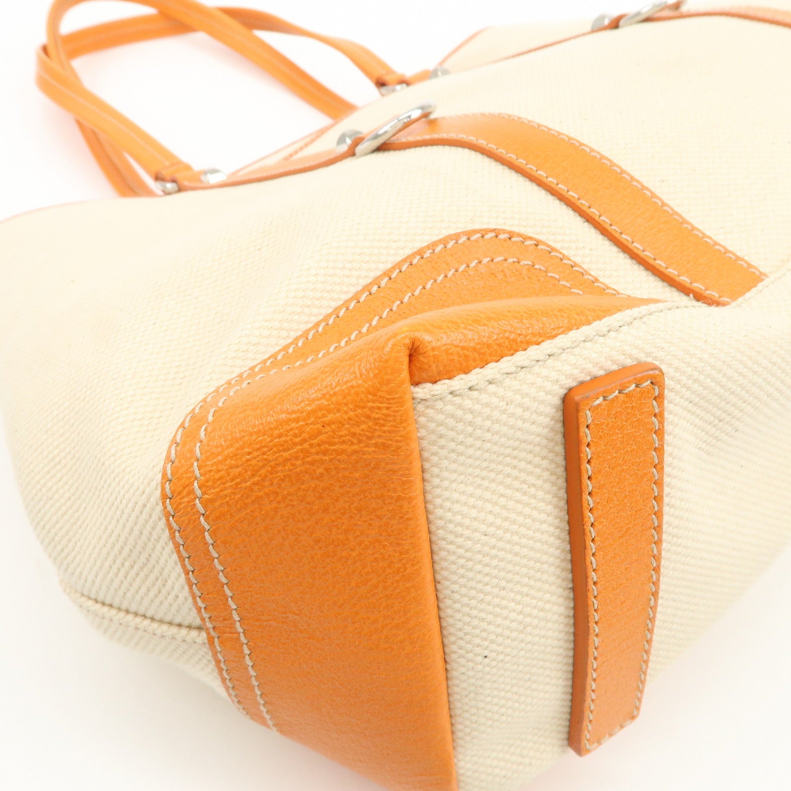 PRADA Triangle Logo Canvas Leather Tote Bag Natural Orange BR2920