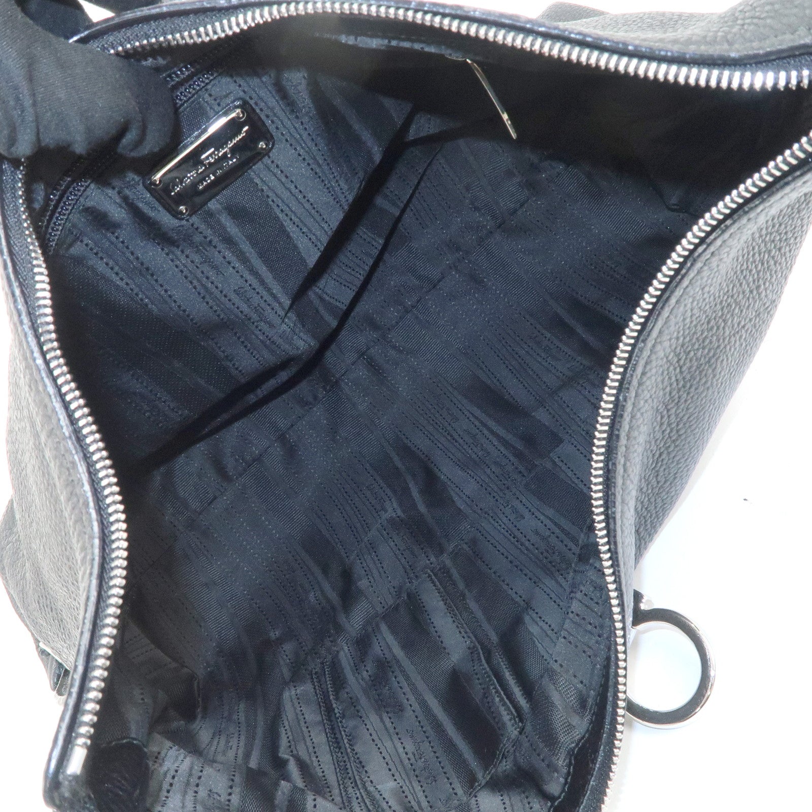 Ferragamo Gancini Leather Shoulder Bag Hand Bag Black Silver HDW