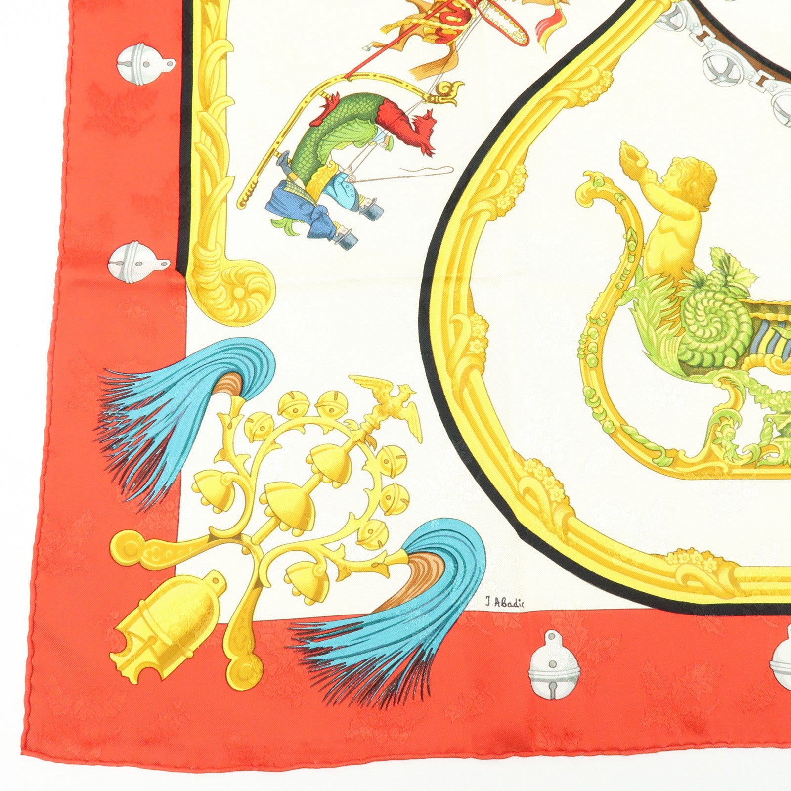 HERMES Carre 90 100% Silk Plumes et Grelots Scarf White Red