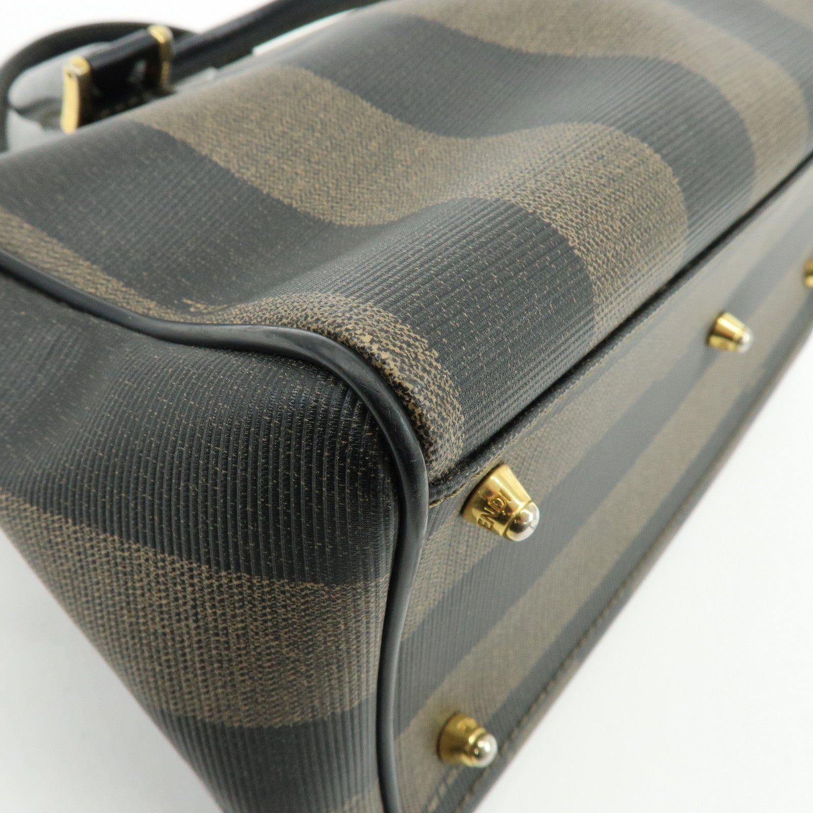 FENDI Pequin PVC Leather Boston Bag Hand Bag Black Brown