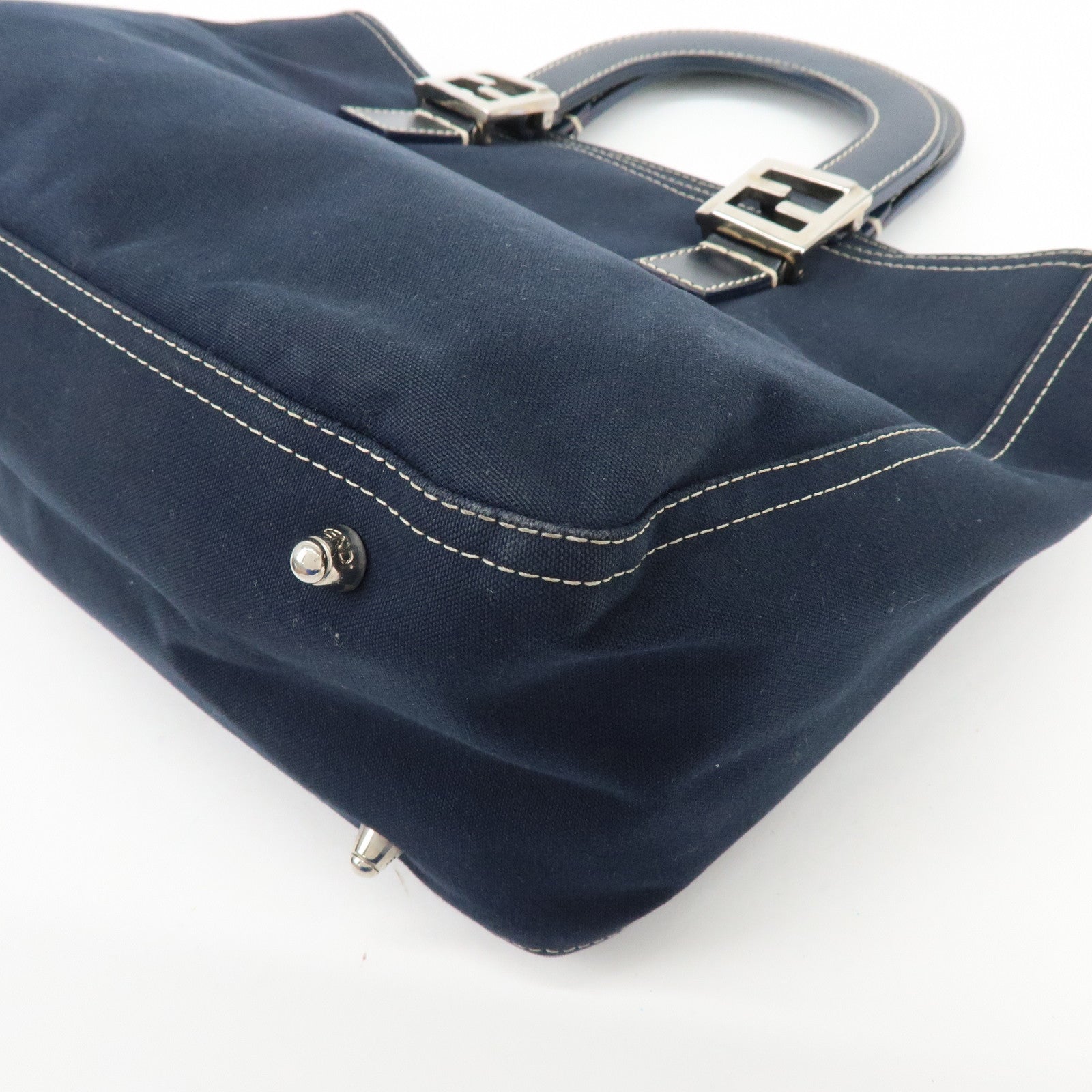FENDI Canvas Leather Hand Bag Tote Bag Navy