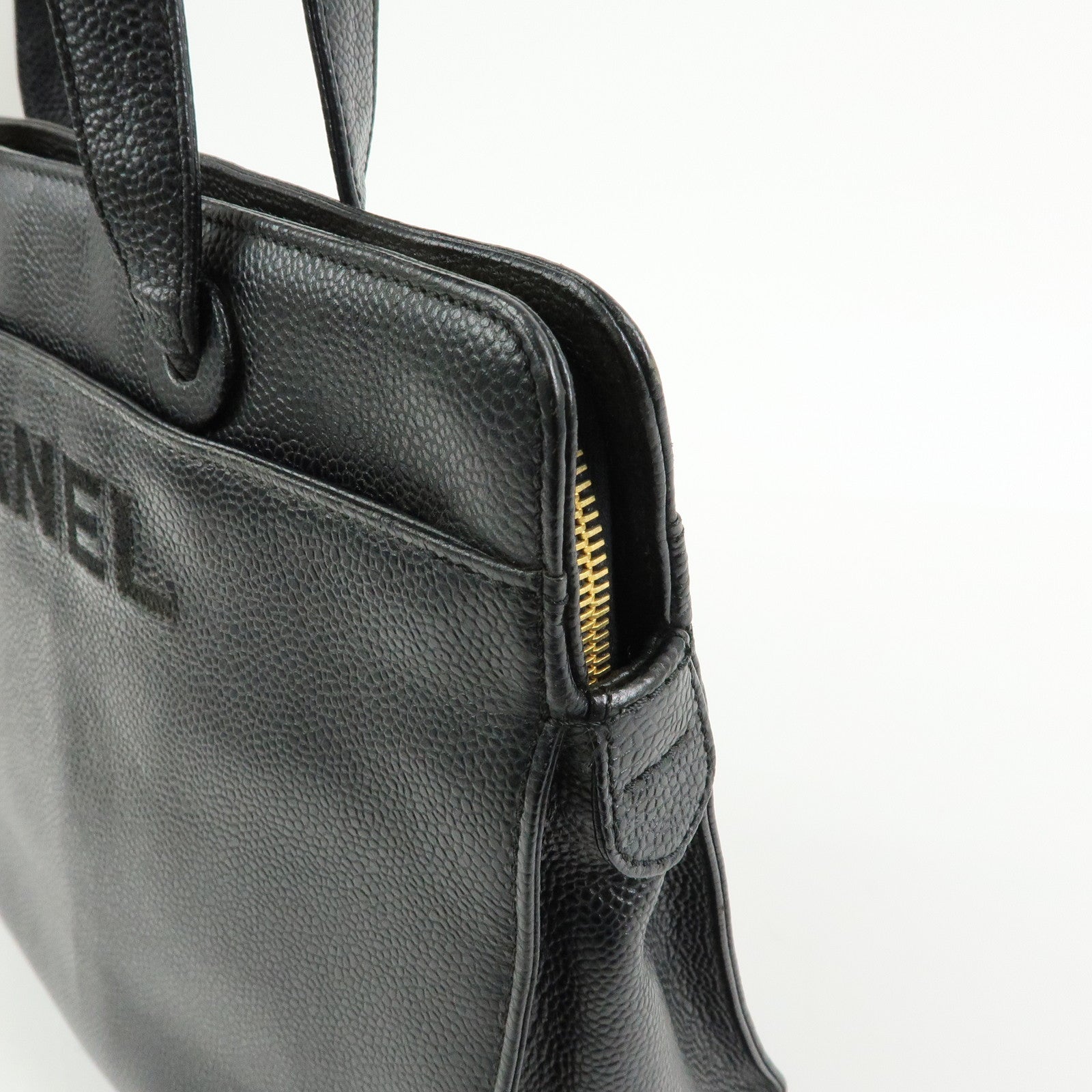 CHANEL Logo Caviarskin Tote Bag Hand Bag Black