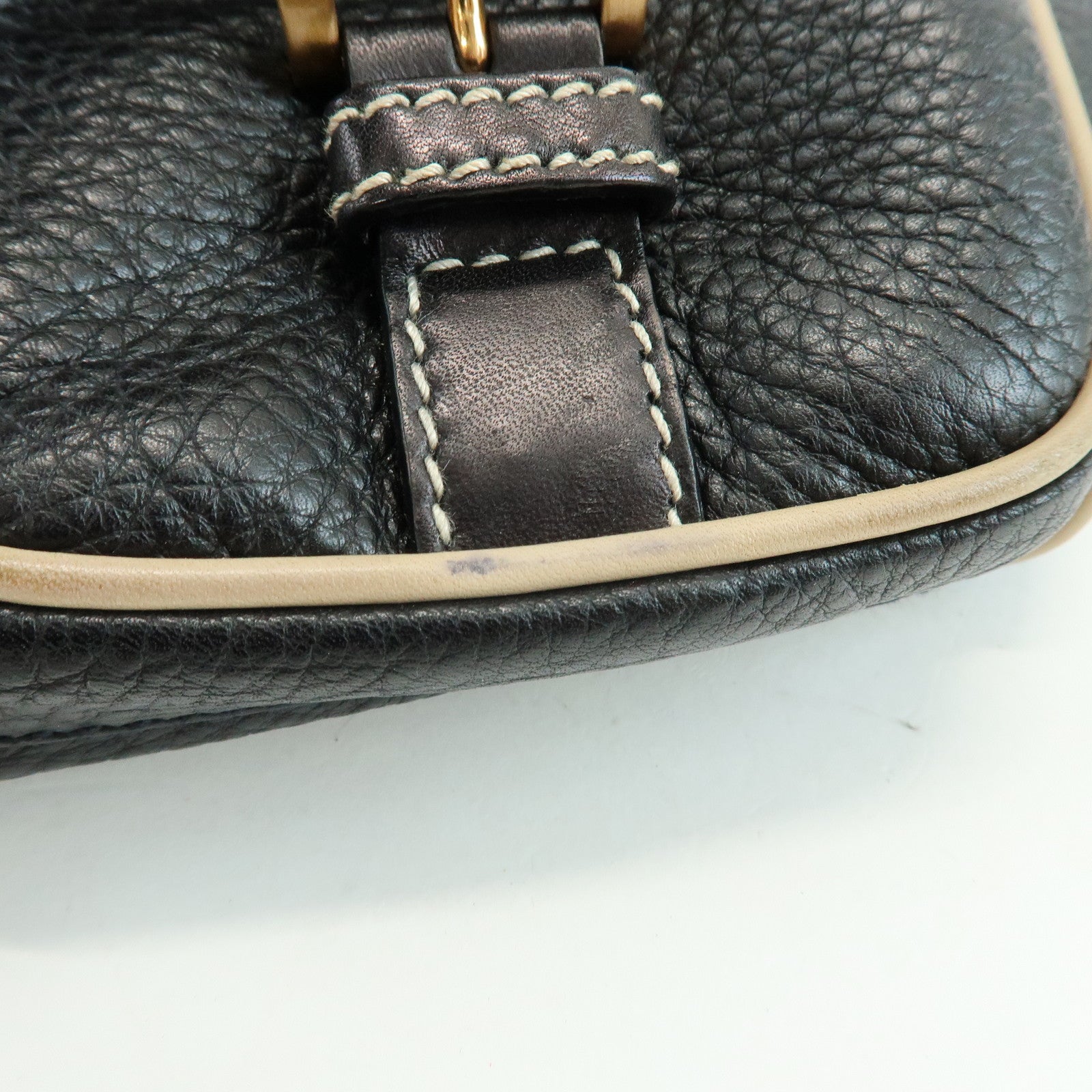 PRADA Logo Leather Stitch Shoulder Bag Hand Bag Black