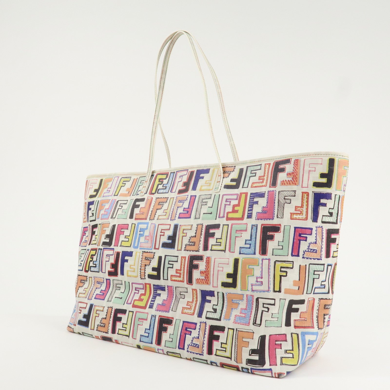FENDI Zucca Logo Print PVC Tote Bag Multicolor White 8BH185 Used