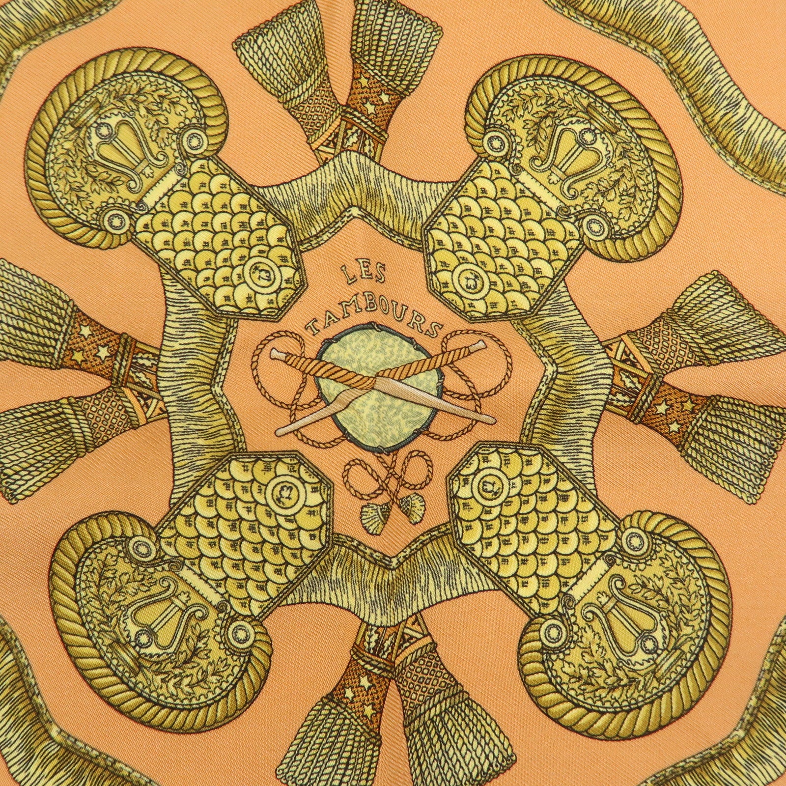 HERMES Carre 45 Silk 100% Scarf LES TAMBOURS Drum Print Orange Gold
