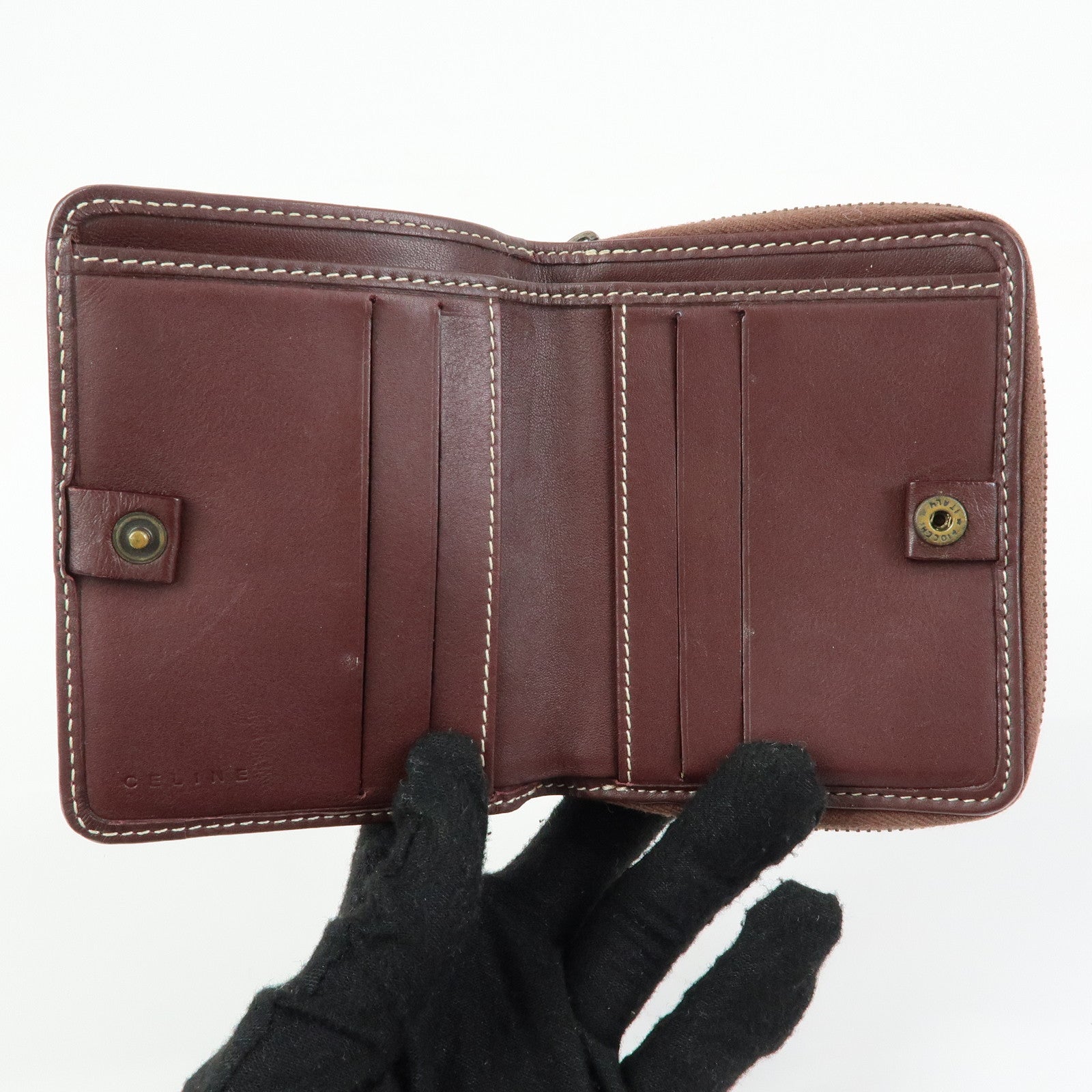 CELINE Macadam Denim Leather Bi-fold Compact Wallet Bordeaux