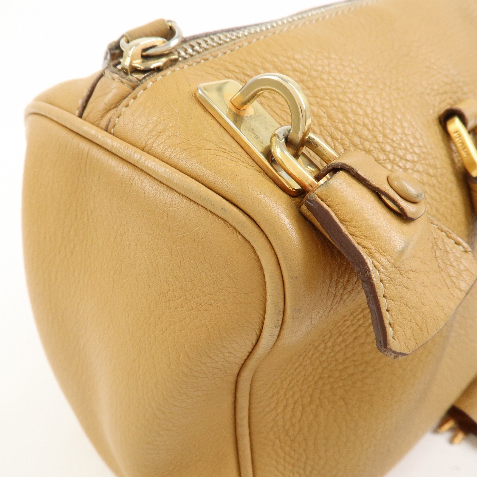 PRADA Leather Hand Bag Boston Bag Hand Bag Beige