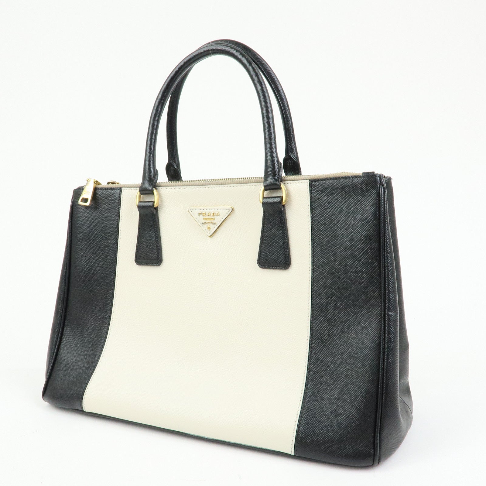 PRADA Triangle Logo Saffiano Leather Hand Bag Tote Bag Ivory Black