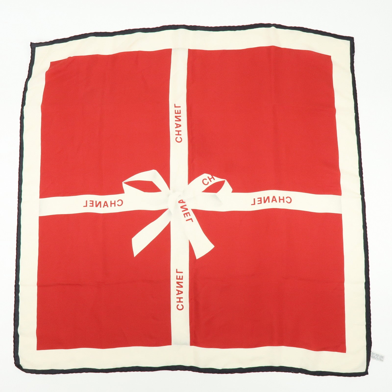CHANEL Logo Silk 100% Scarf Ribbon Motif Red Ivory Black