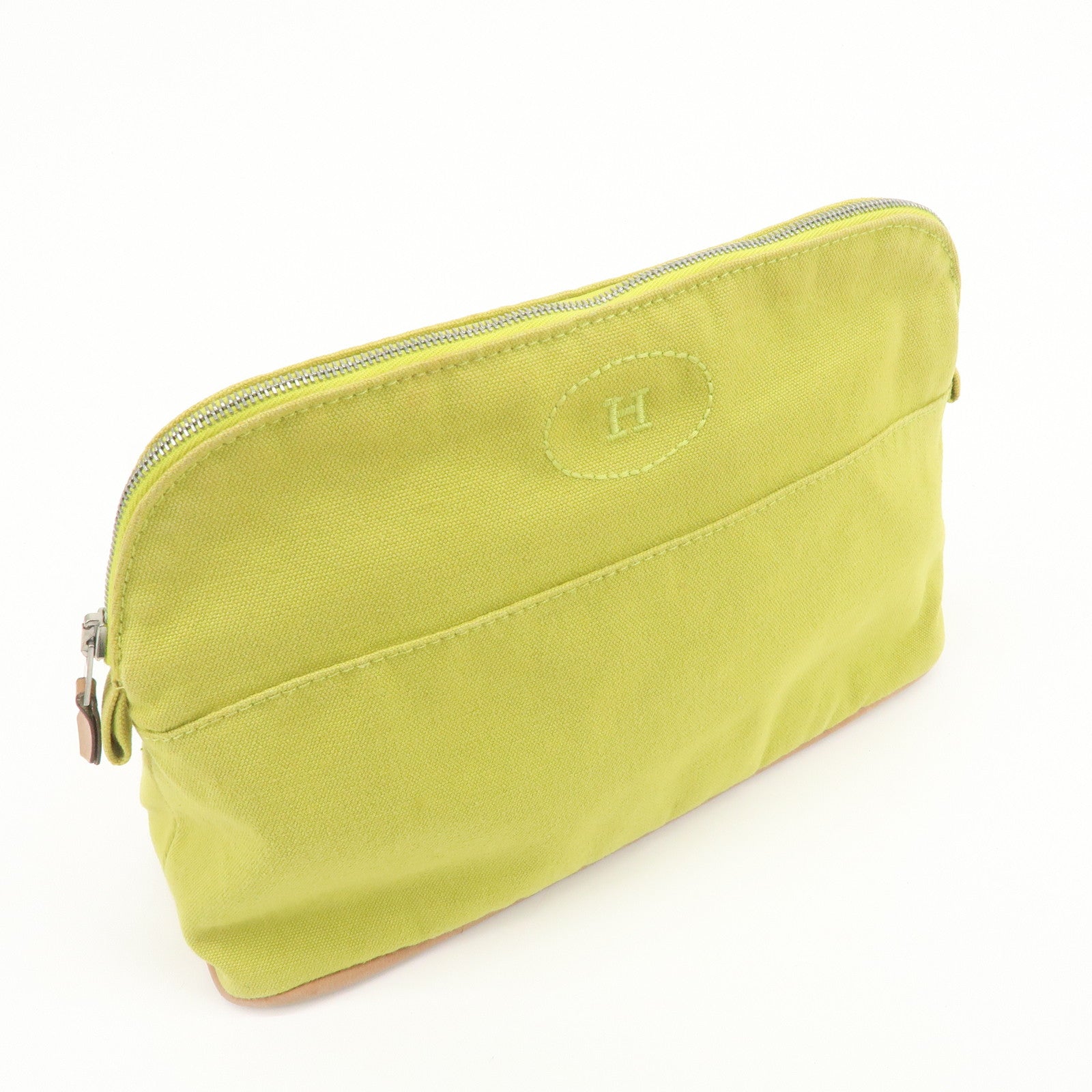 HERMES Bolide Pouch MM Canvas Leather Cosmetic Pouch Light Green