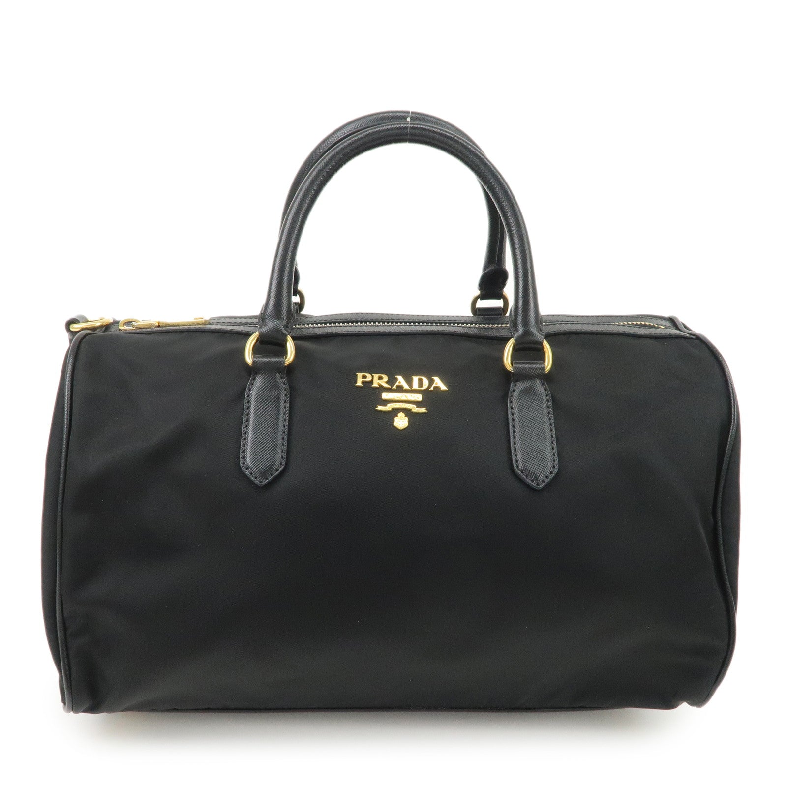 PPRADA Logo Nylon Leather Boston Bag Hand Bag Black Gold HDW Used