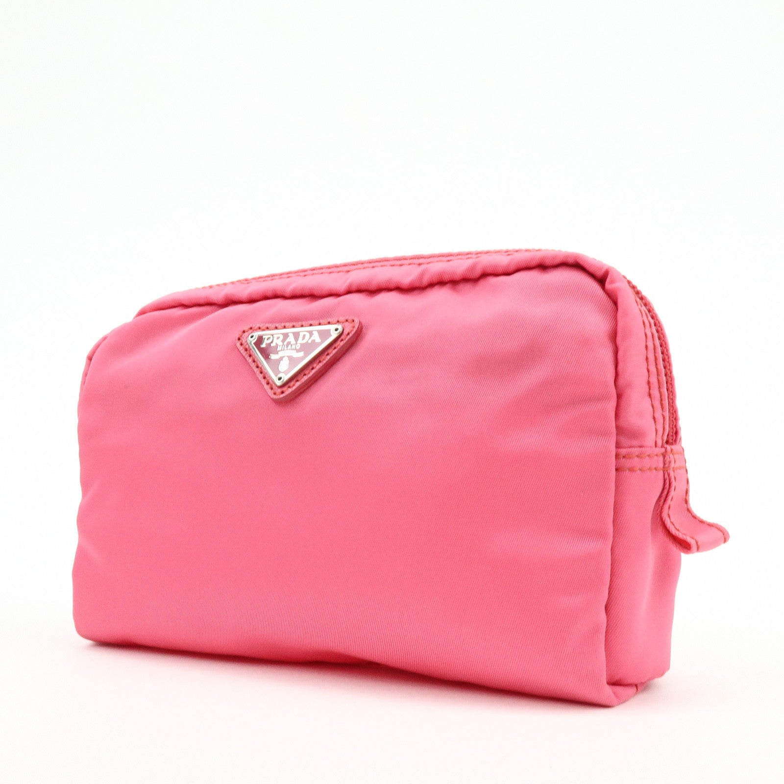 PRADA Triangle Logo Nylon Leather Cosmetic Pouch Pink 1NA021
