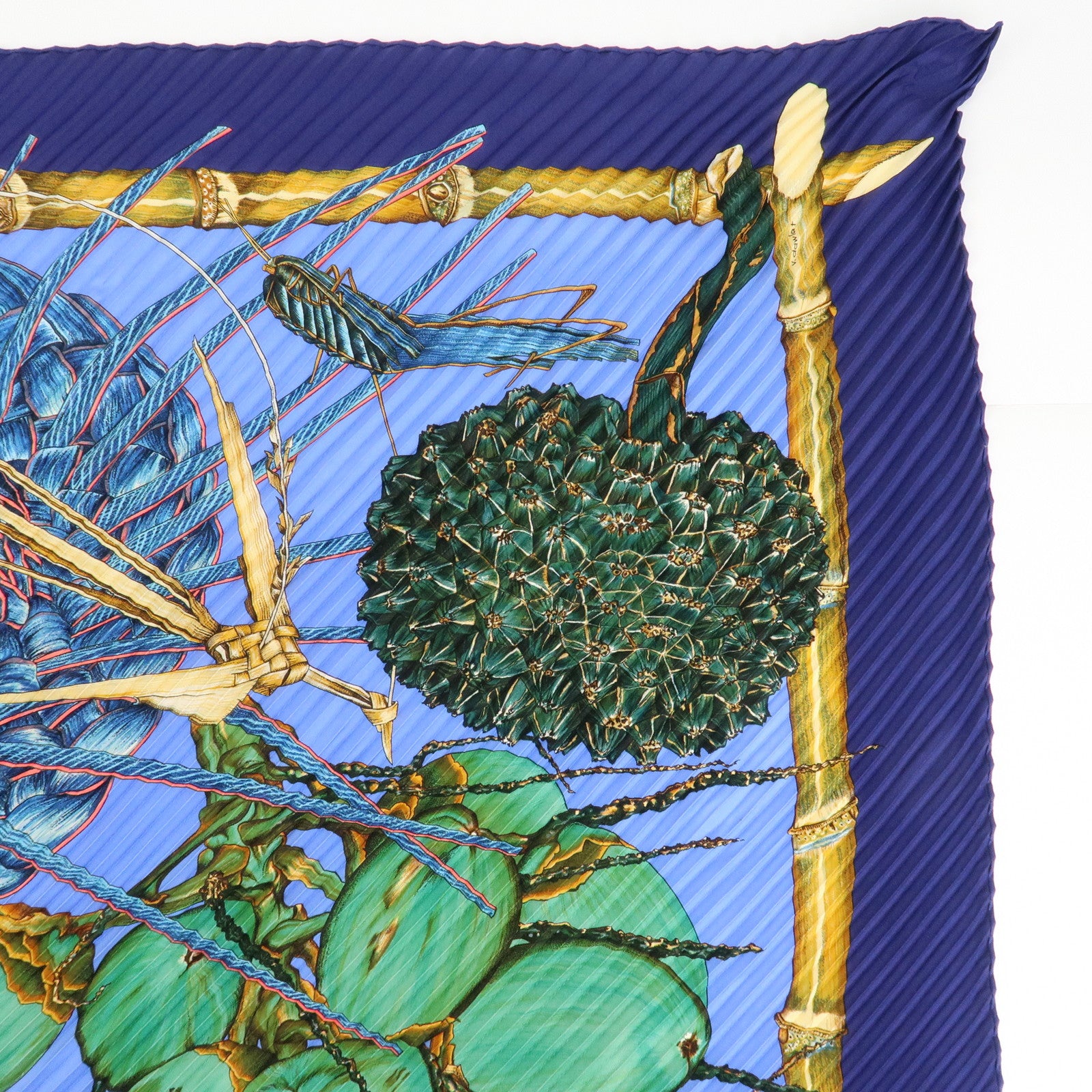 HERMES Carre Silk 100% Pleats Scarf Jardin Creole Blue Green Navy Used