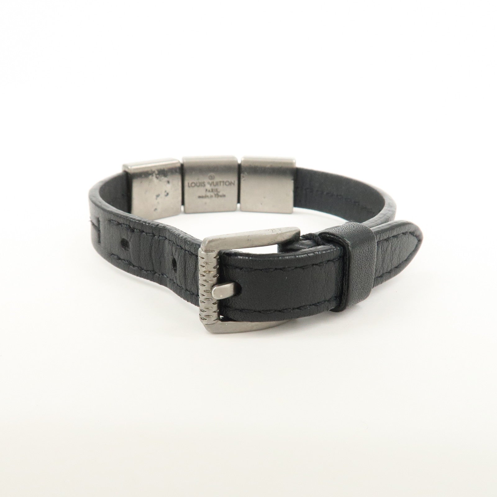 Louis Vuitton Leather Bracelet Black Silver M6205