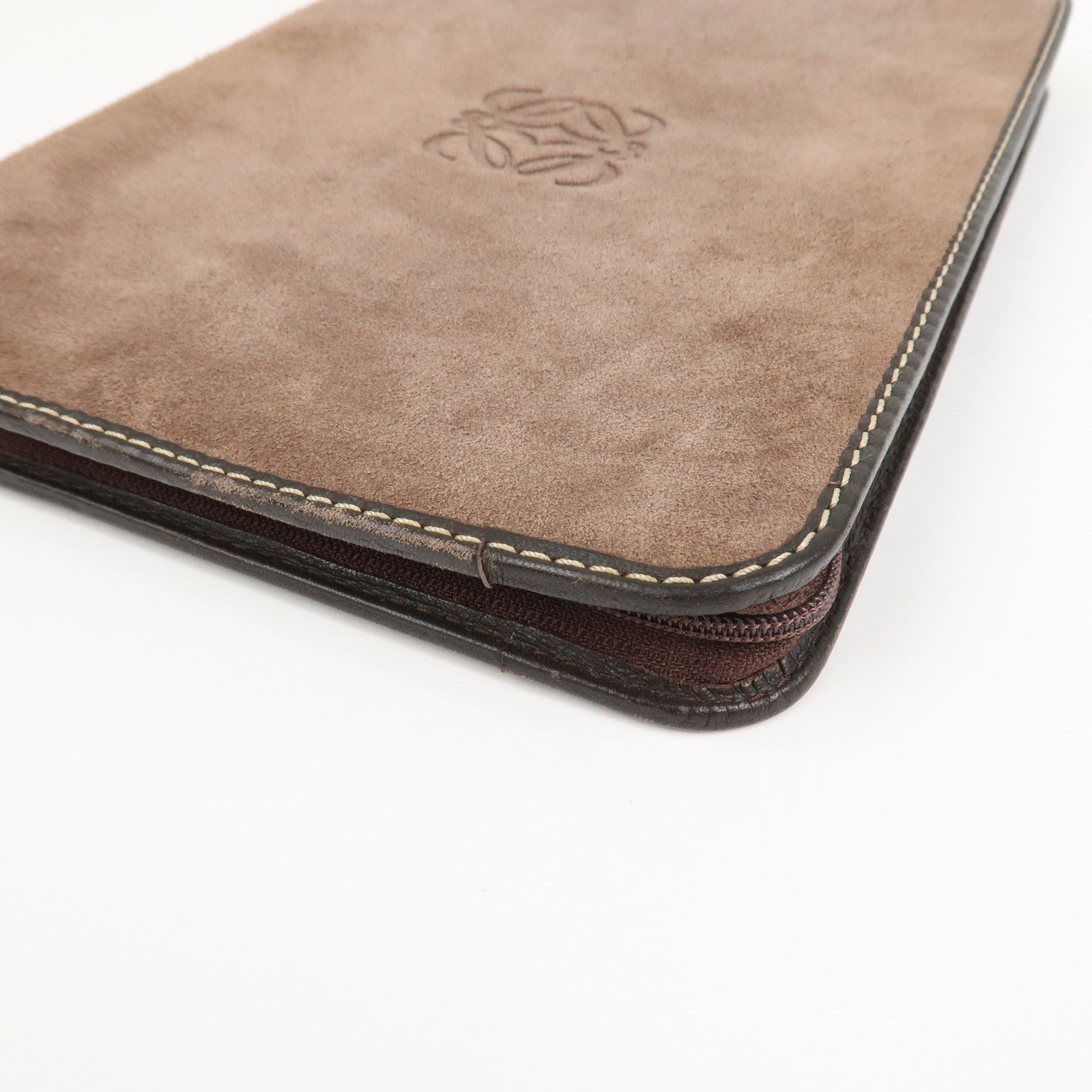 LOEWE Suede Leather Round Zippy Planer Cover Agenda Cover Brown
