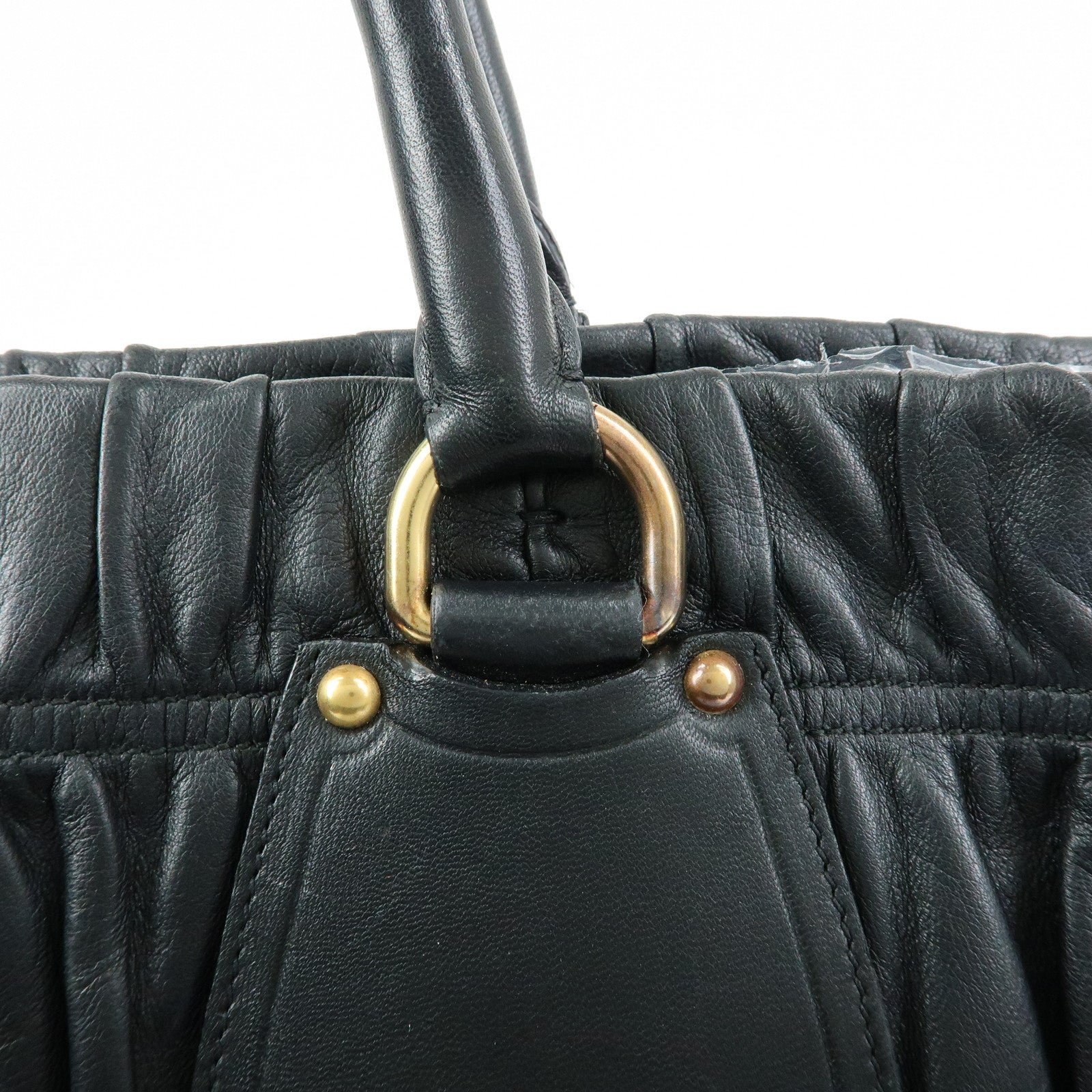 PRADA Logo Leather Gathered Tote Bag Hand Bag Black
