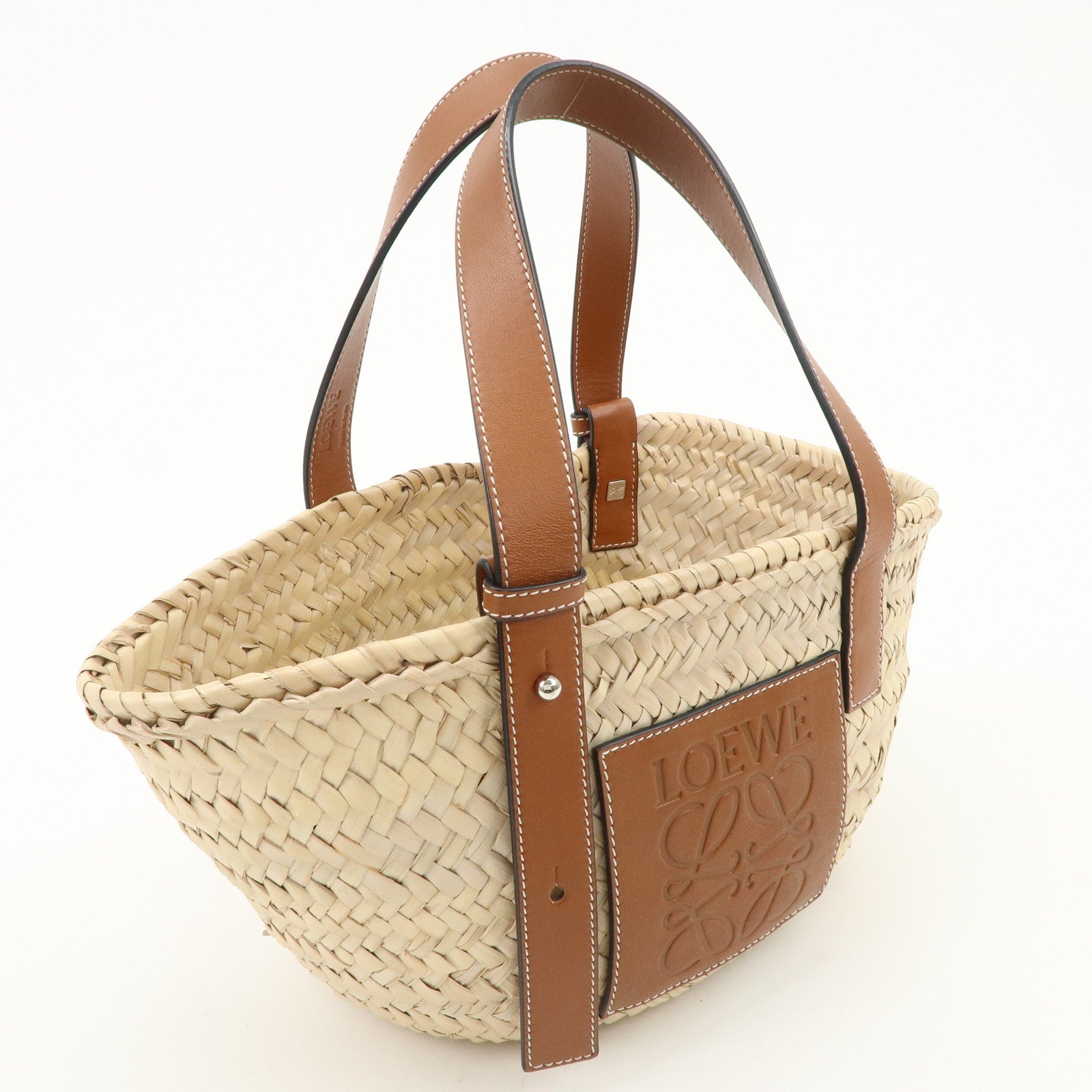 LOEWE Anagram Raffia Leather Basket Bag Hand Bag Natural Brown 2435