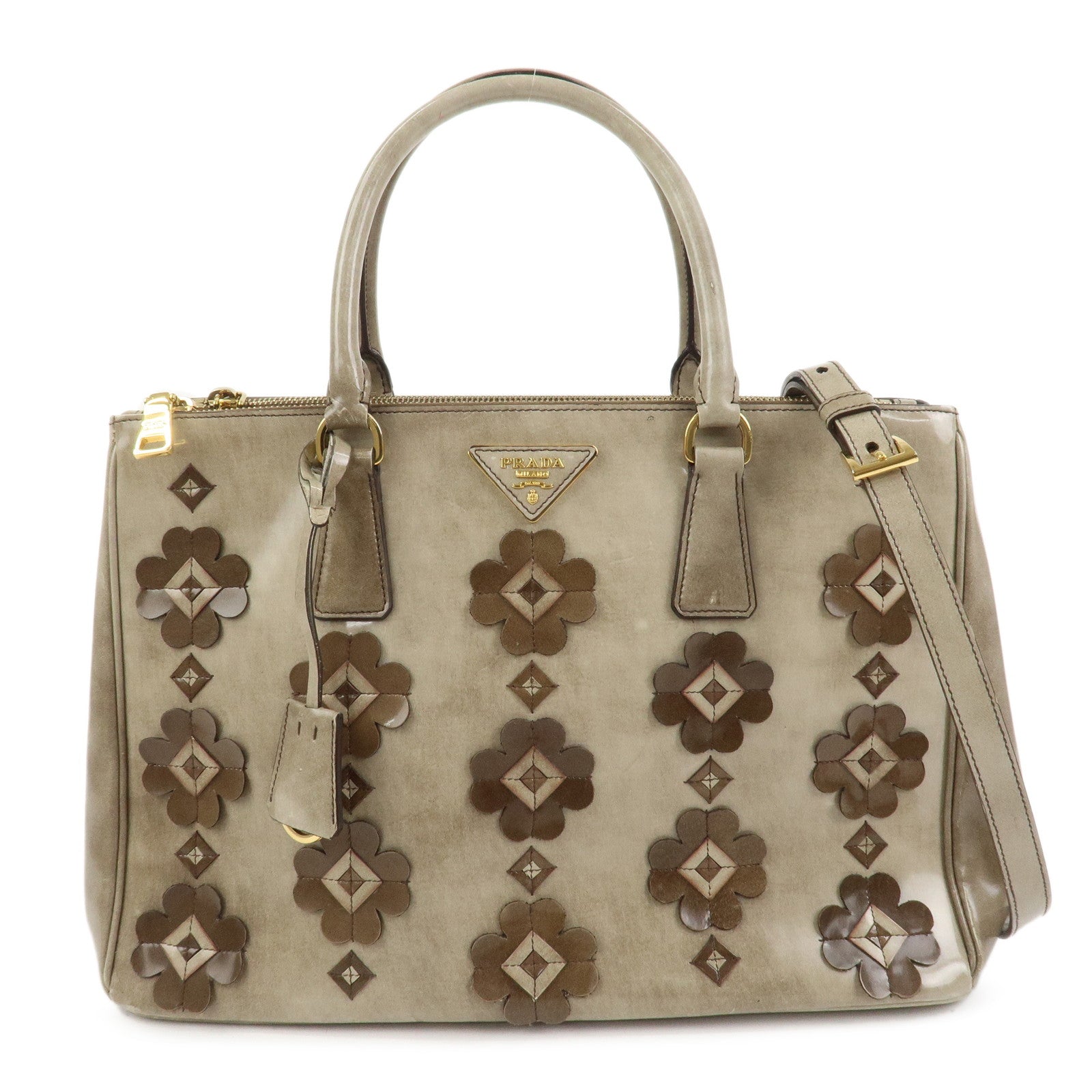 PRADA Patent Leather Flower Galleria 2Way Tote Bag Greige BB2274F