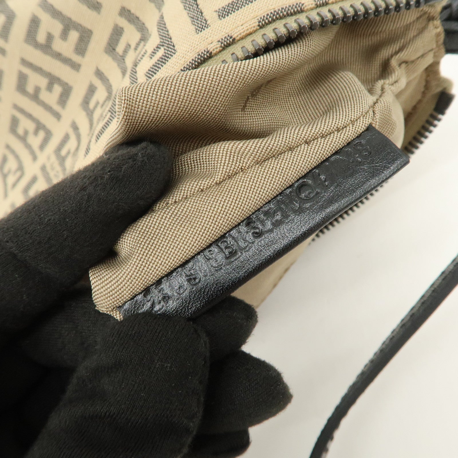 FENDI Zucchino Canvas Leather Shoulder Bag Beige Black 8BR312