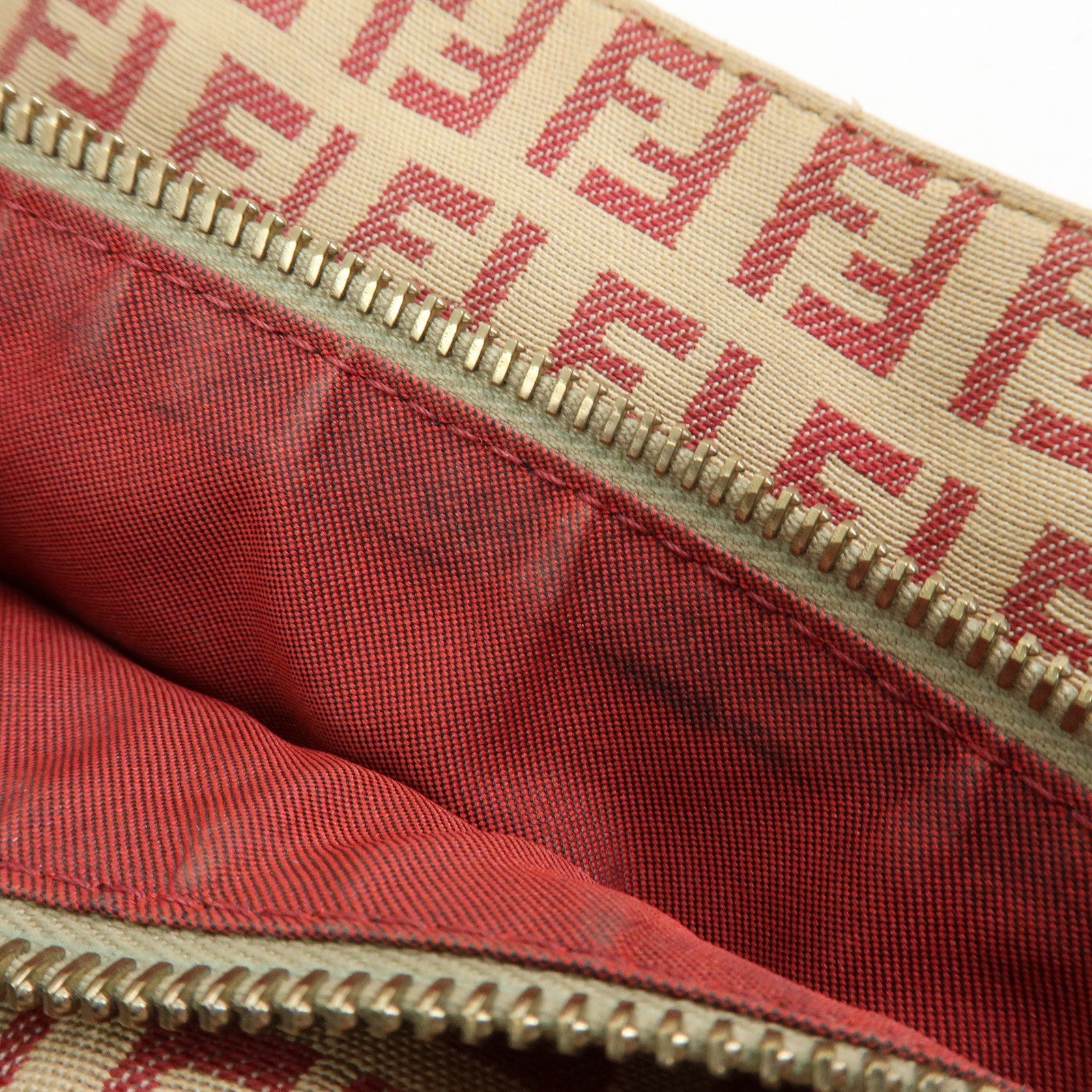 FENDI Zucchino Canvas Leather Hand Bag Tote Bag Beige Red 8BH132