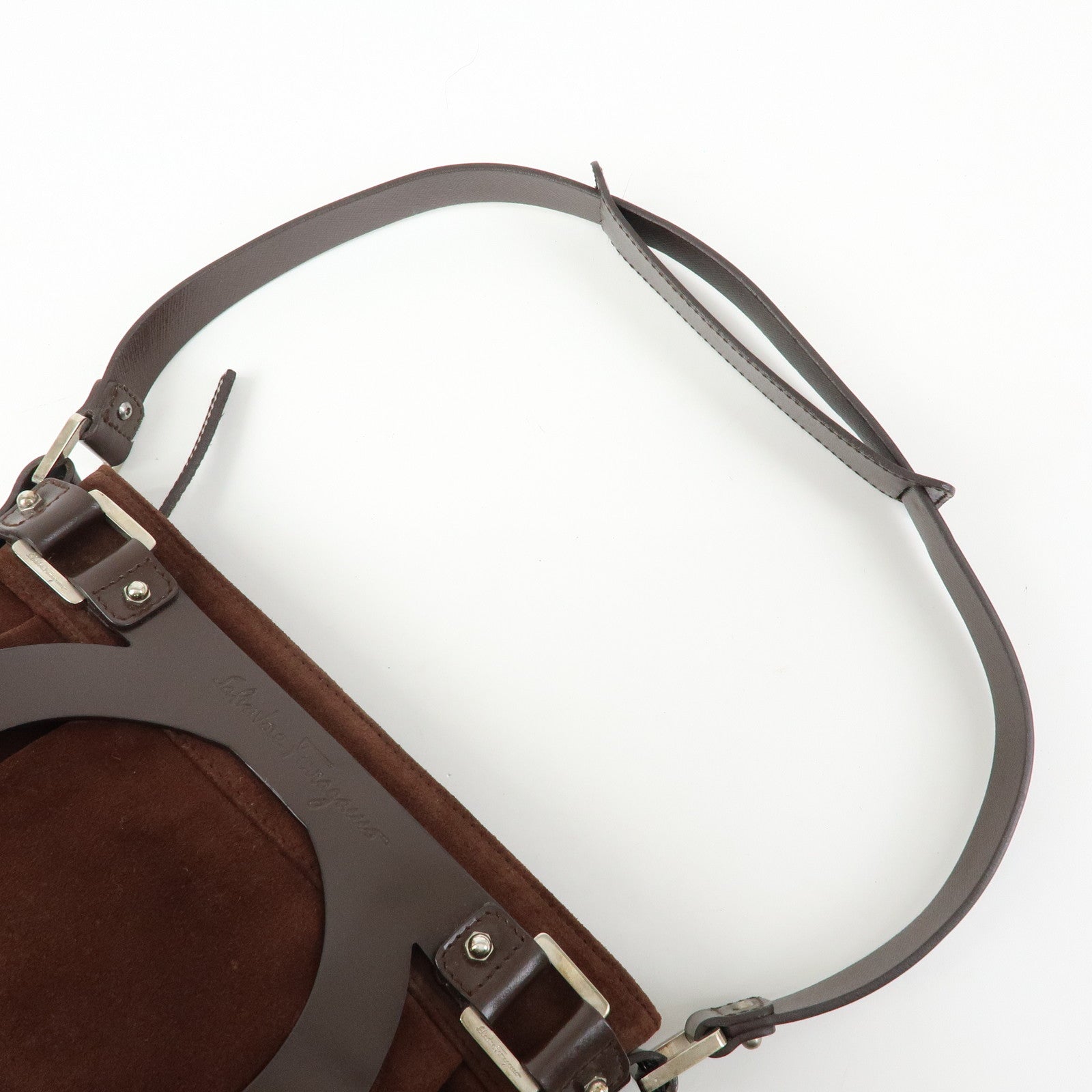Ferragamo Gancini Suede Leather Hand Bag Shoulder Bag Dark Brown