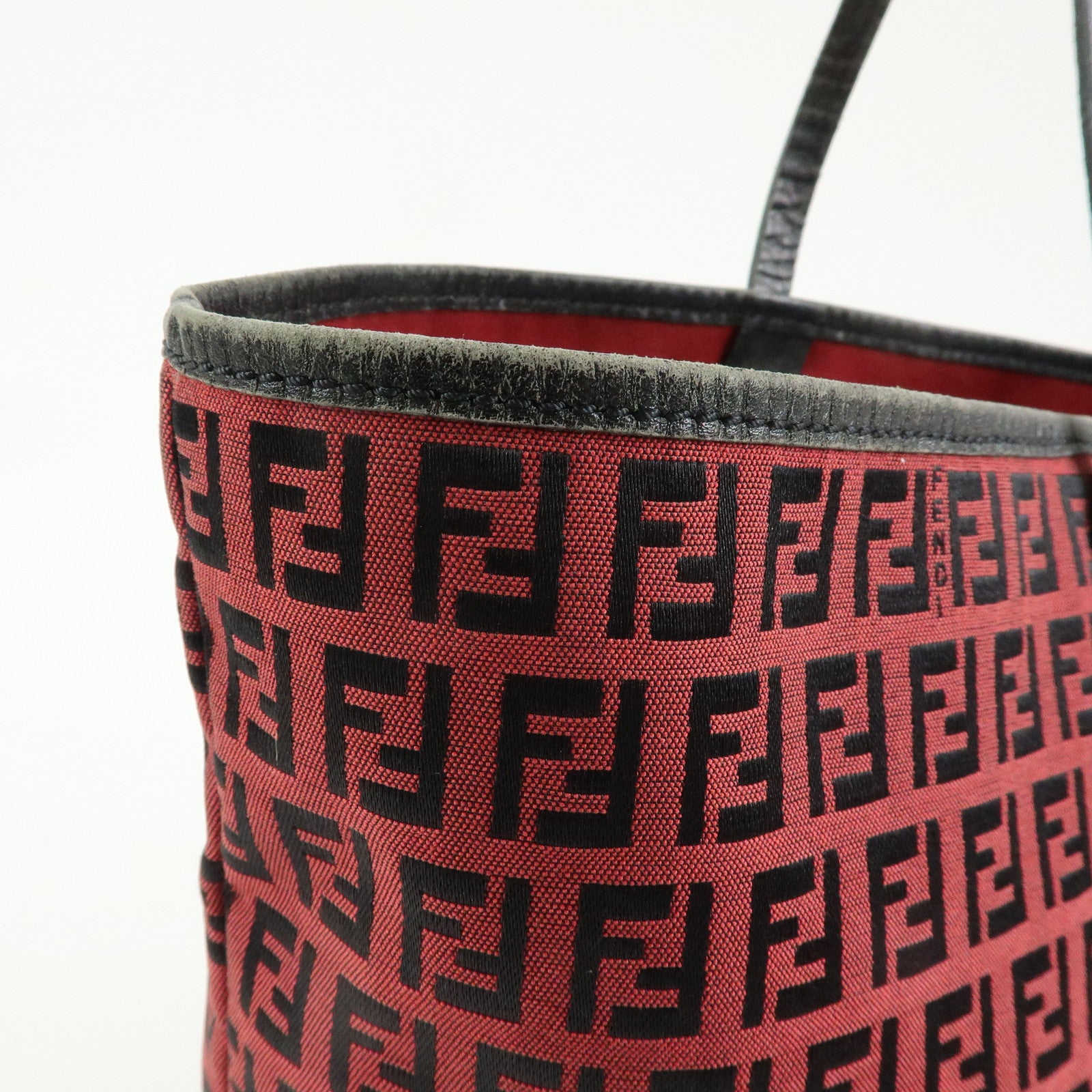 FENDI Zucchino Canvas Leather Tote Bag Hand Bag Red Black 8BH005