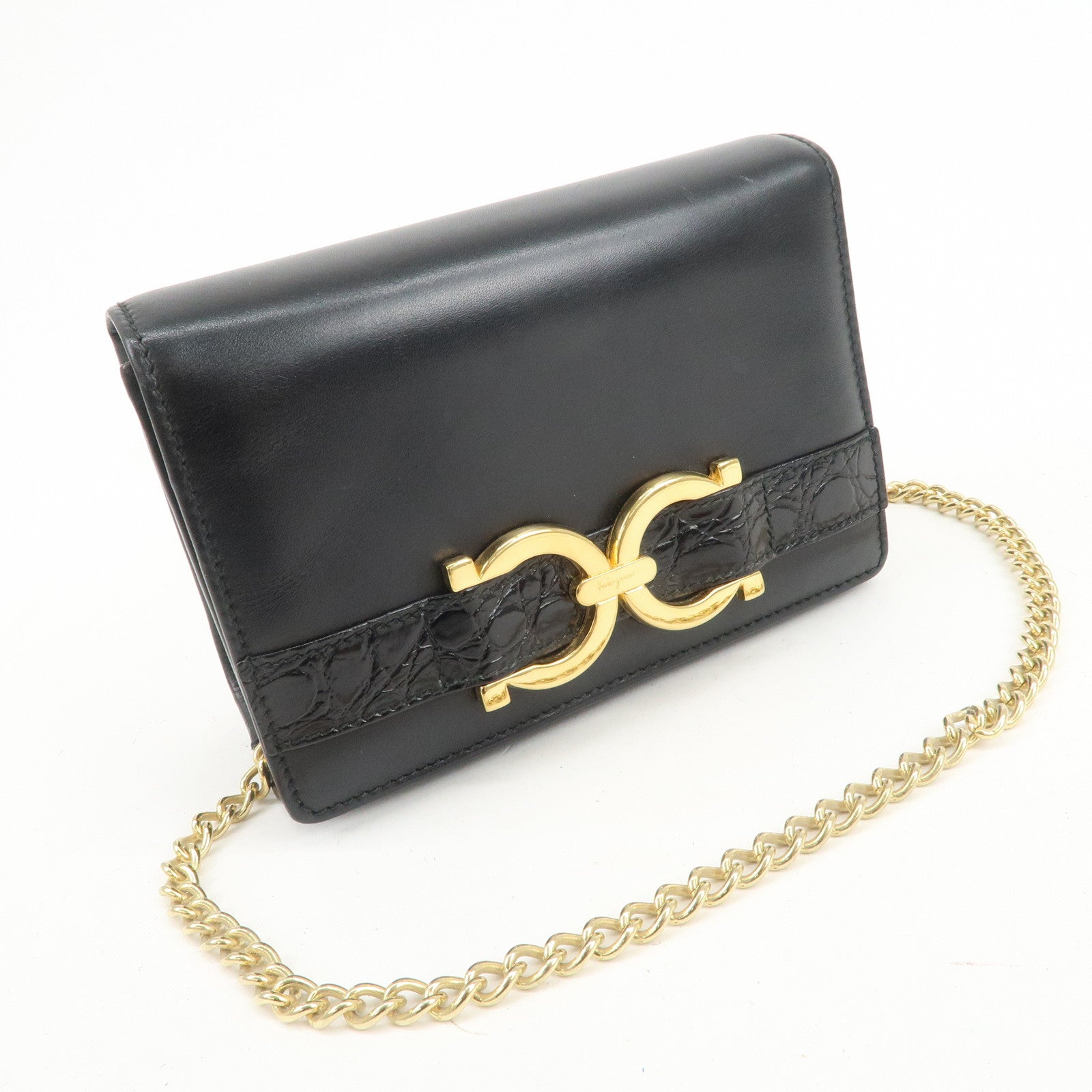 Ferragamo Gancini Embossed Leather Chain Shoulder Bag Black