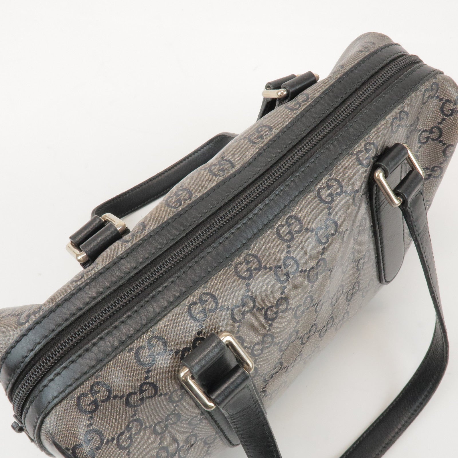 GUCCI GG Crystal Leather Boston Bag Hand Bag Silver Black 257289