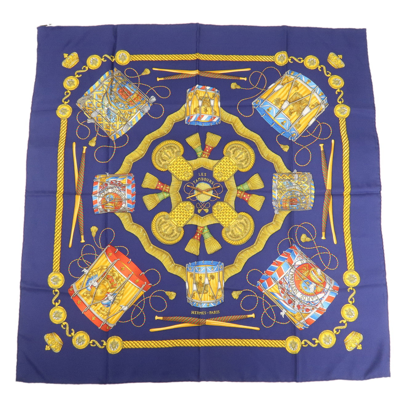 HERMES Carre 90 Silk 100% Scarf LES TAMBOURS Navy Multicolor Used
